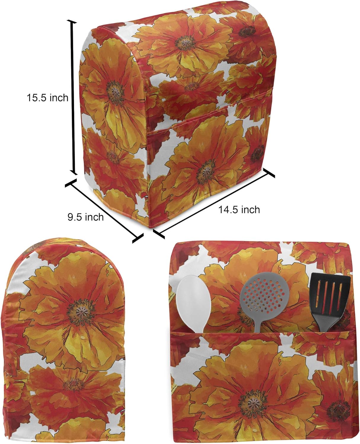 Ambesonne Orange Stand Mixer Cover, Big Flourishing Bohemian Poppies on the Antique Background Graphic Design, Kitchen Appliance Organizer Bag Cover with a Pocket, 6-8 Quarts, Burnt Orange White