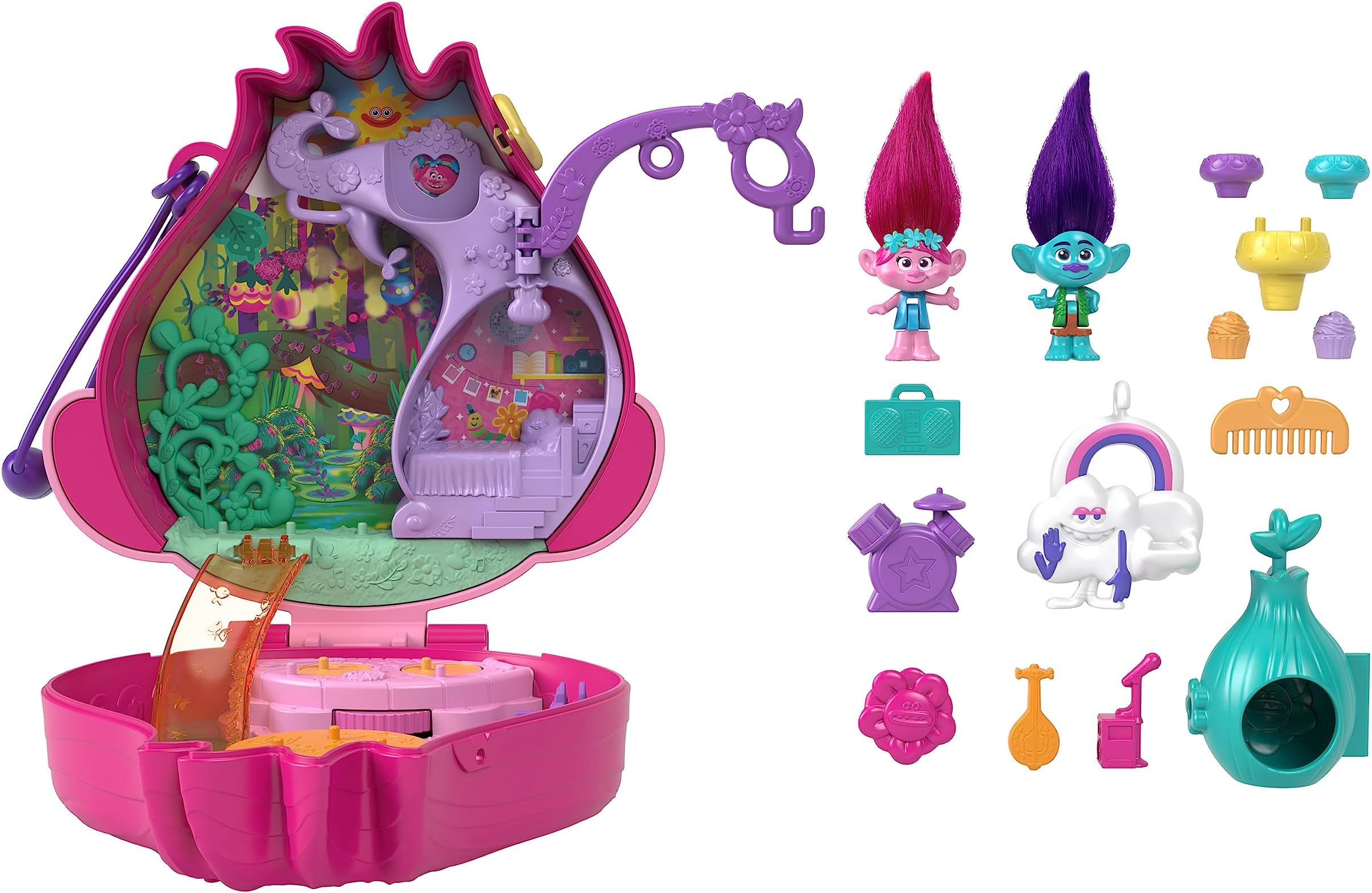 Trolls Compact Playset with 2 Micro Dolls &13 Accessories, Poppy Exterior with Soft Hair, Collectible Toy Includes Poppy & Branch