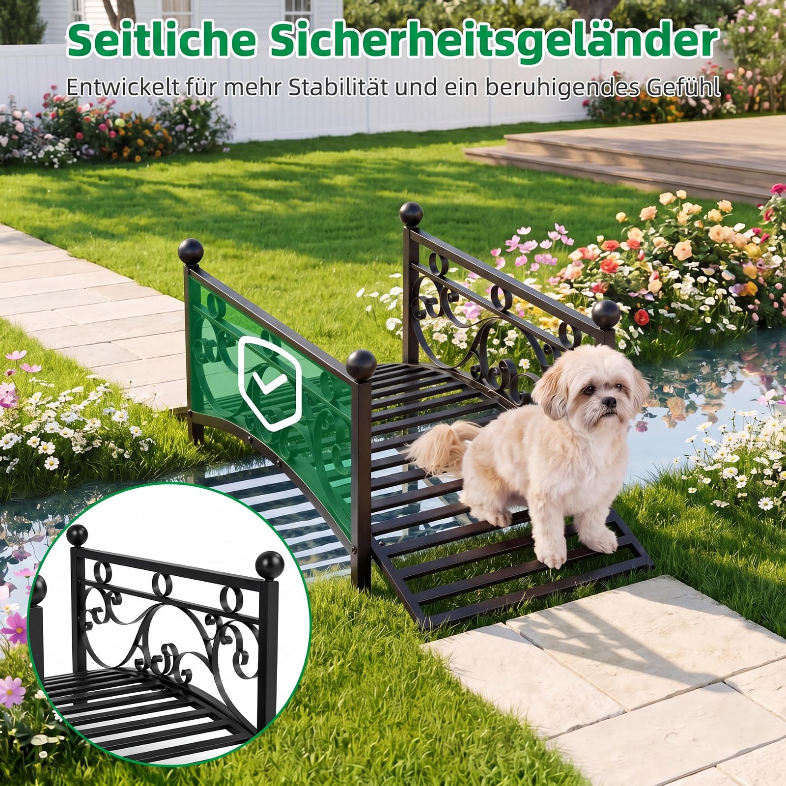 COSTWAY Brücke aus Metall, 101,5 cm, Teichbrücke 150 kg belastbar, Gartenbrücke mit dekorativen Geländern, Metallbrücke Antik-Optik, stabil und wetterfest, Zierbrücke für Garten Bach Teich, Schwarz