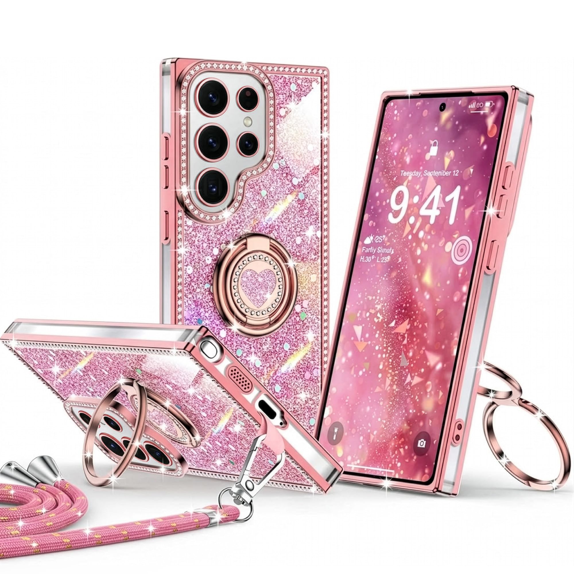 XYZ for Galaxy S26 Ultra Case, Glitter Bling Phone Cover with 2-Ring Heart Stand & Lanyard, Women Girls Luxury Rhinestone Shockproof Protective Case para Samsung S26 Ultra, Pink Pink Galaxy S26 Ultra