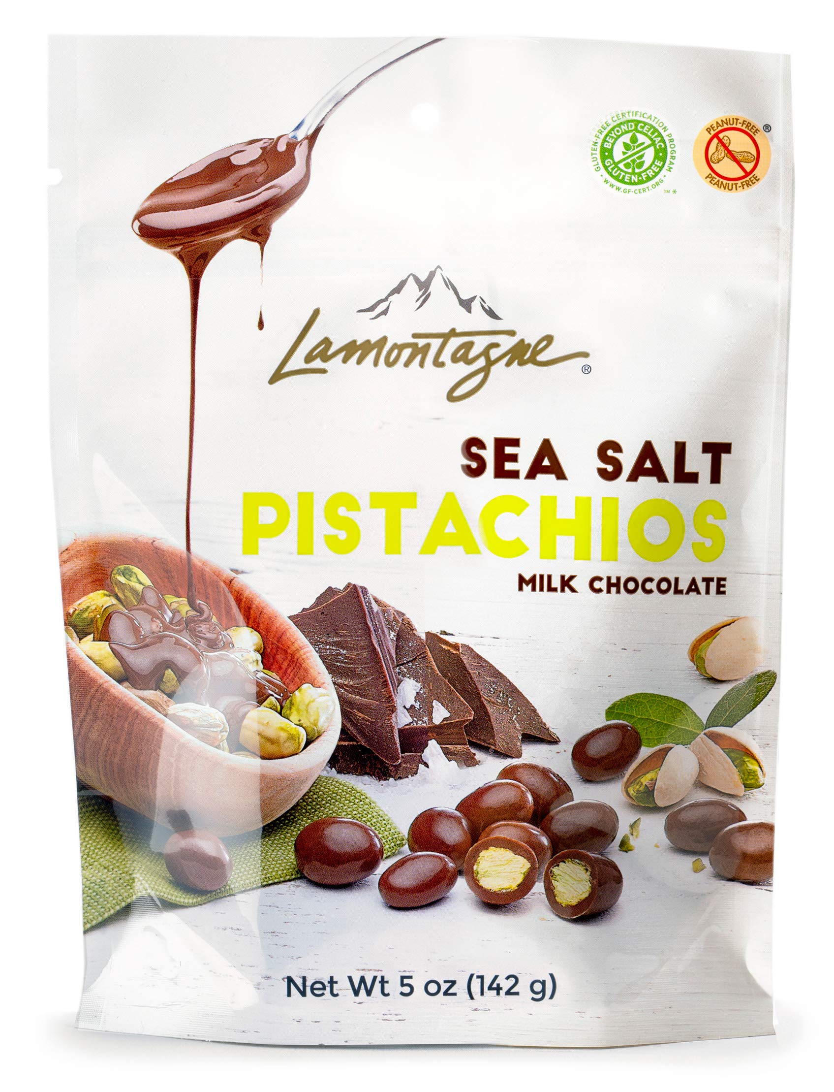Lamontagne Milk Chocolate & Sea Salt Pistachios, pack of 3 bags - Gluten-free, Peanut-free and Palm Oil-Free Snack