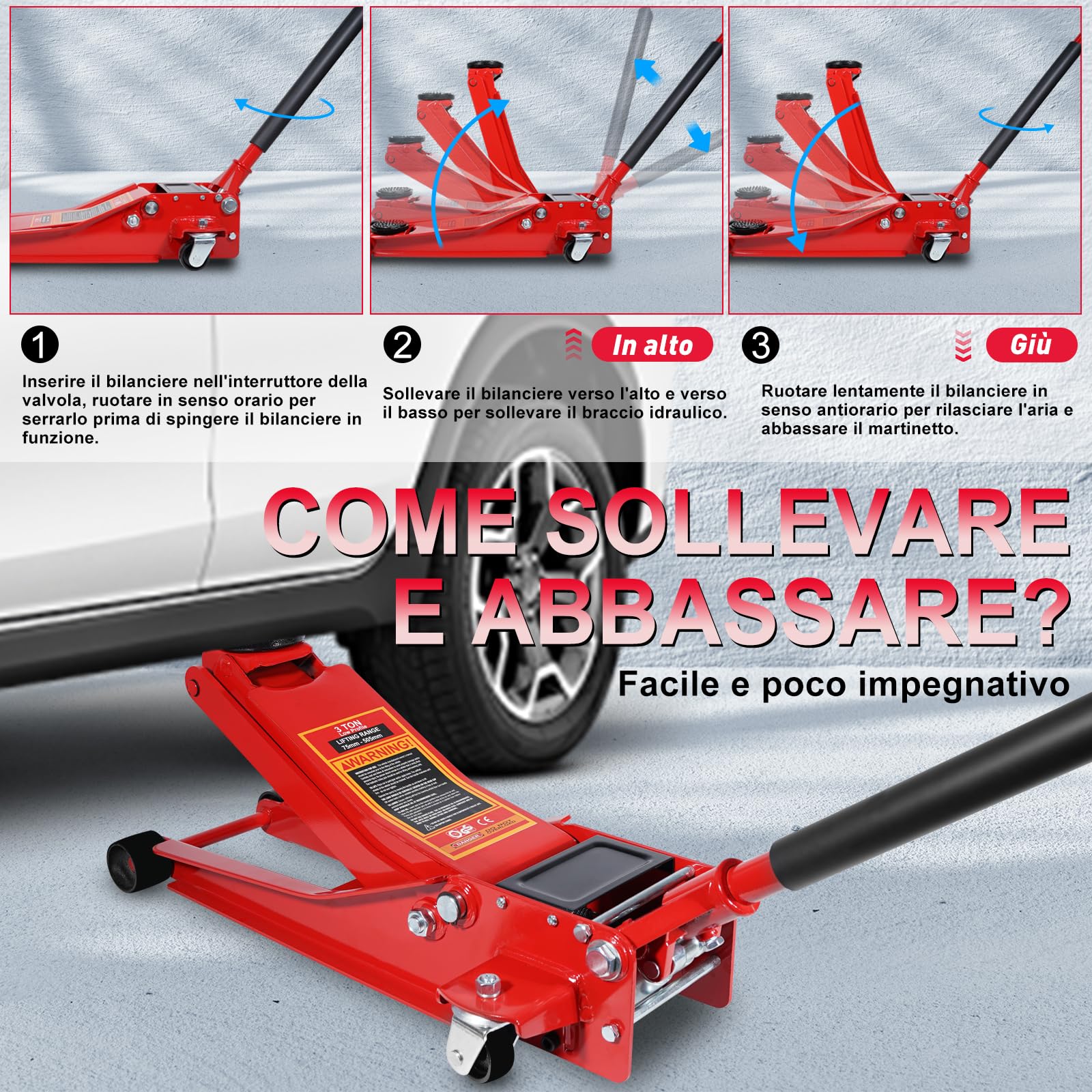 HYCHIKA Cric a carrello da corsa in acciaio,ultra basso profilo con pompa a sollevamento rapido a doppio pistone,capacità 3 tonnellate