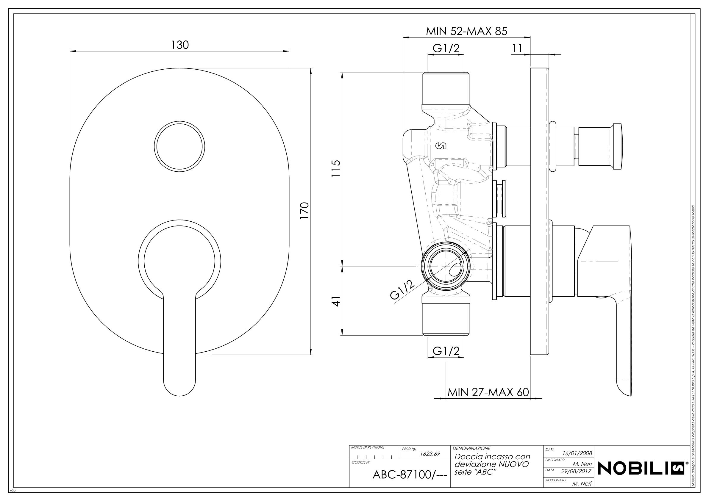 Nobili Rubinetterie Ab 87100 Miscelatore Monocomando per Vasca-Doccia ad Incasso a 2 Vie Collezione Abc Cromo