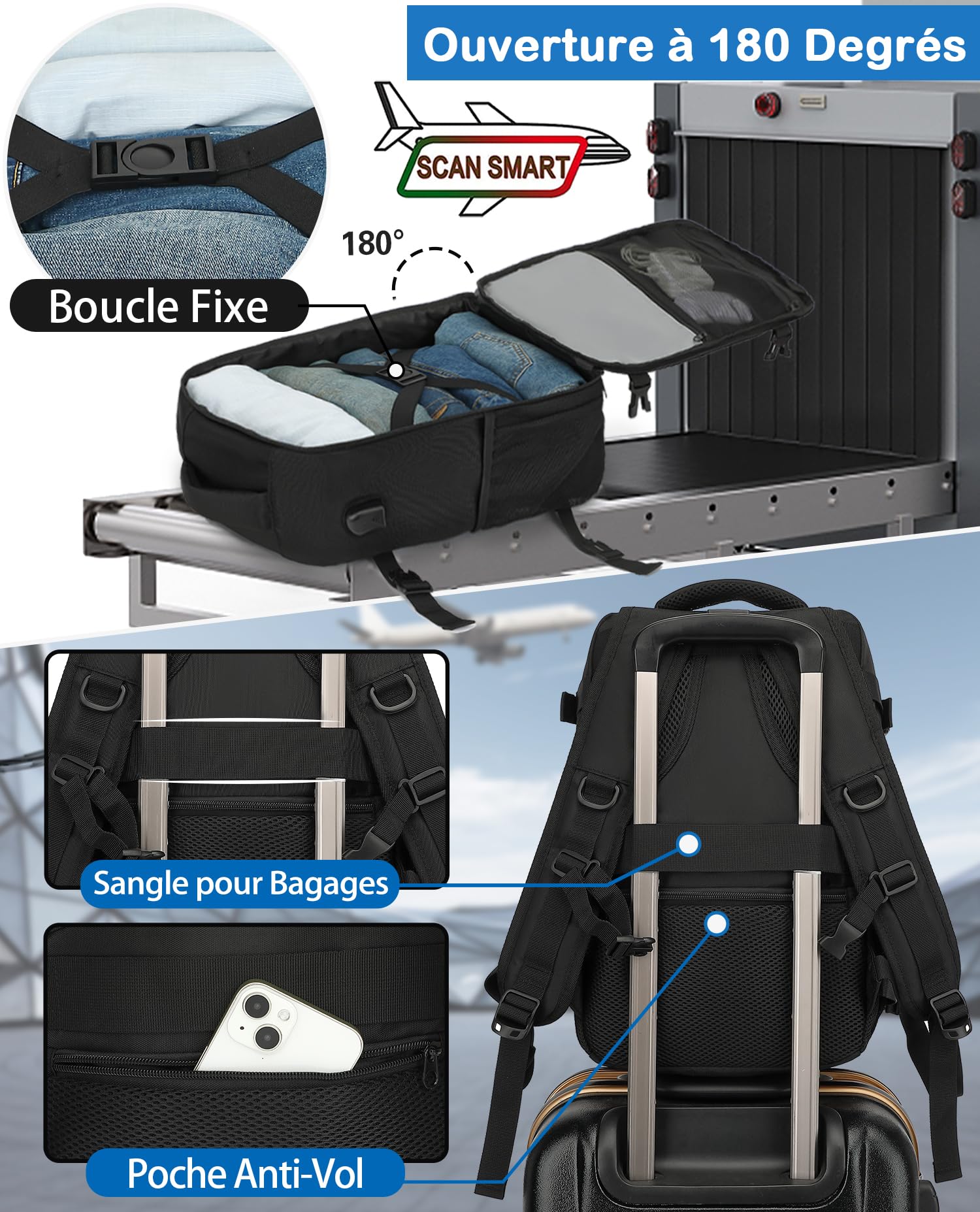 KLOSTAIN Sac à dos Voyage Cabine Avion 40x30x20 Bagage Cabine 24L Anti-vol pour Ryanair easyJet Eurowings Femme Homme Noir - 3