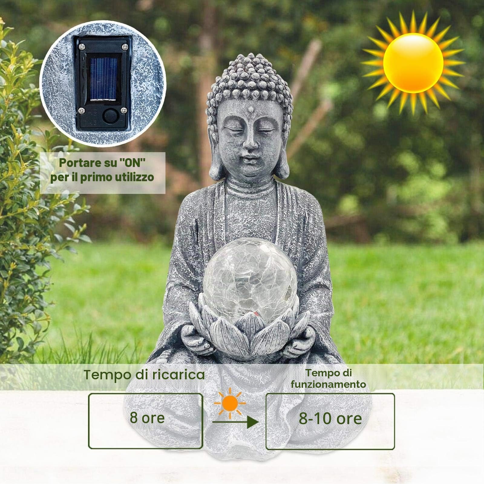 Goodeco Meditating Buddha ornamento con luce solare, statua di Buddha da giardino solare zen con sfera di vetro incrinata, decorazione per interni ed esterni, cortile, 26.5 cm (grigio)