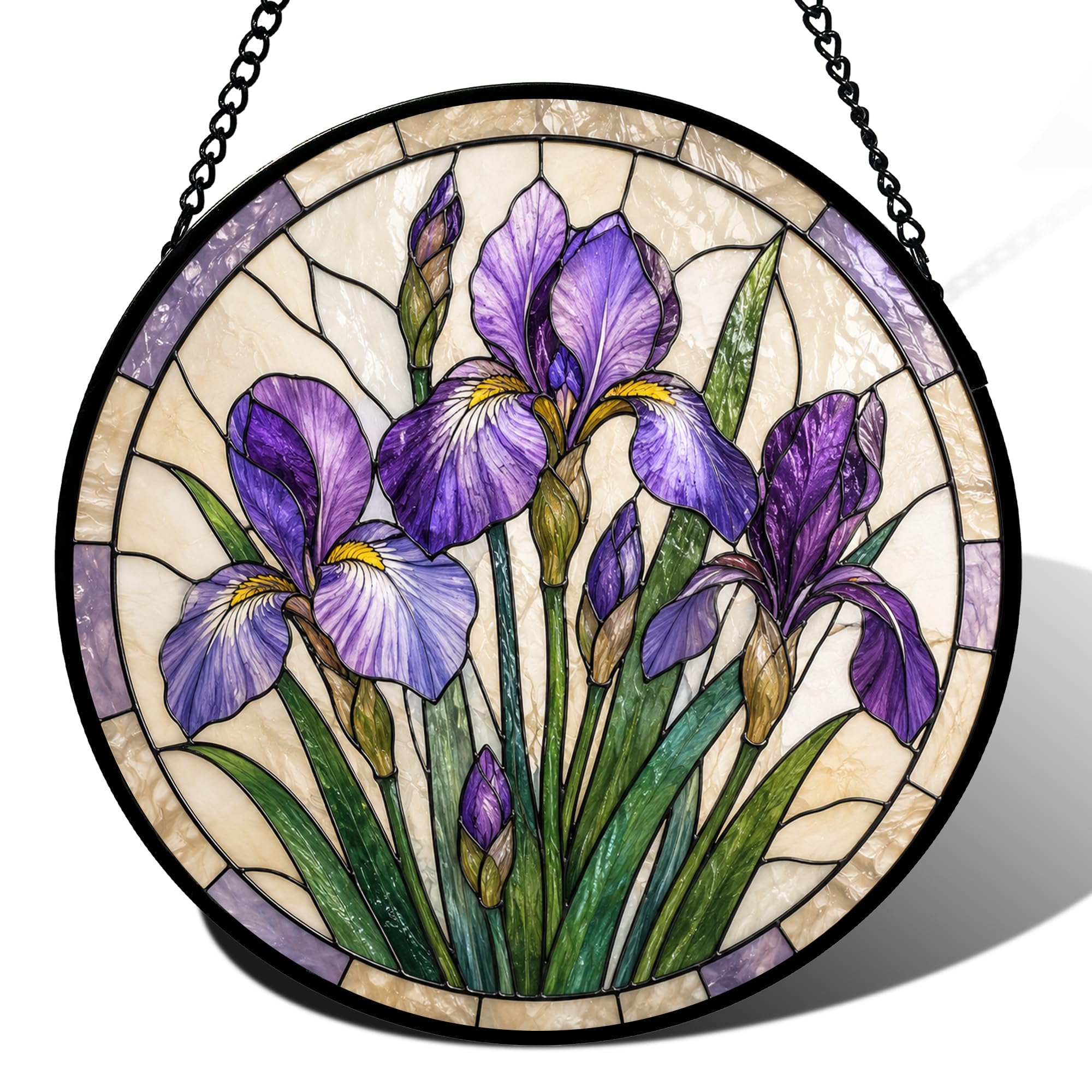 Birth Month Flowers Stained Glass Window Hanging, Sun Catcher for Window, Stained Glass Kit Style Floral Suncatcher, Round Flower Decor for Indoor Window Wall Garden Gift (iris)