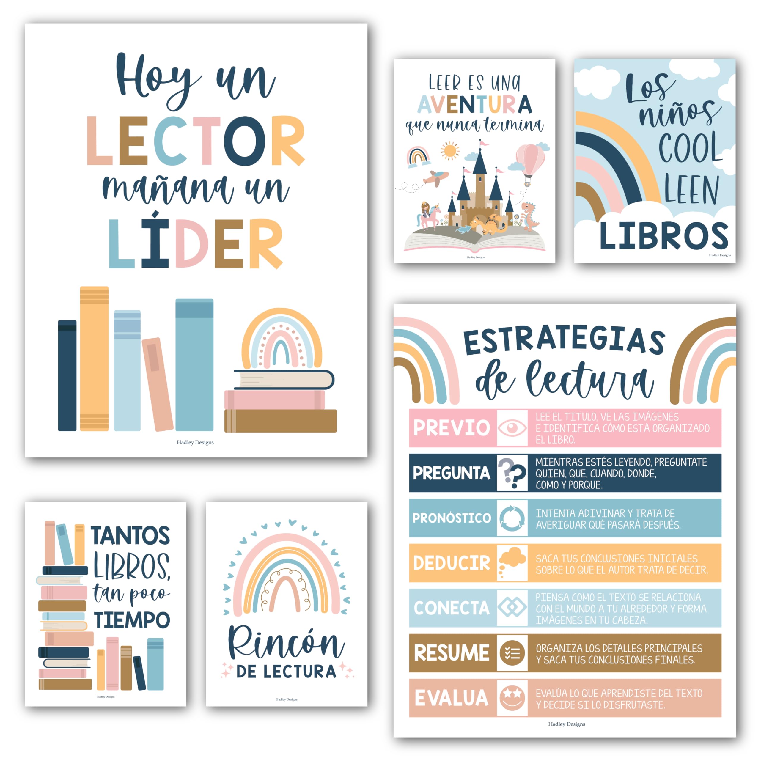 Hadley Designs Spanish Classroom Decorations - 6 Spanish Posters for High School, Decoracion de Area para Salon de Lectura, Rincon de Lectura Decoracion para Salon de Clases en Espanol, Boho Decor