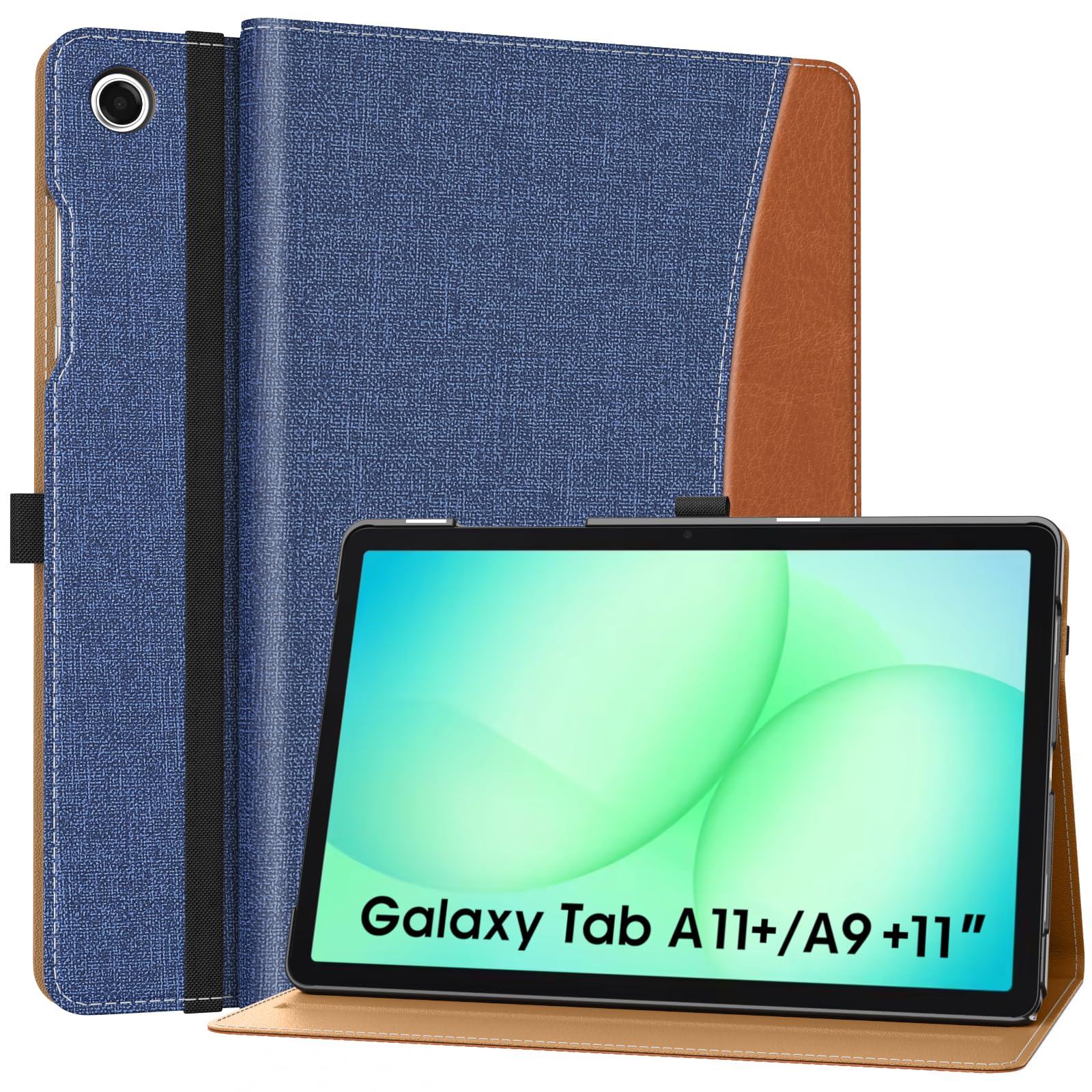 MoKo Hülle für Samsung Galaxy Tab A11+ Plus/ A9+ Plus 11-Inch Zoll 2025/2023, PU Leder Mehrere Winkel Hülle für Galaxy Tab A11+/ A9 Plus mit Handschlaufe, Fronttasche,Auto Schlaf/Aufwach, Blau&Braun