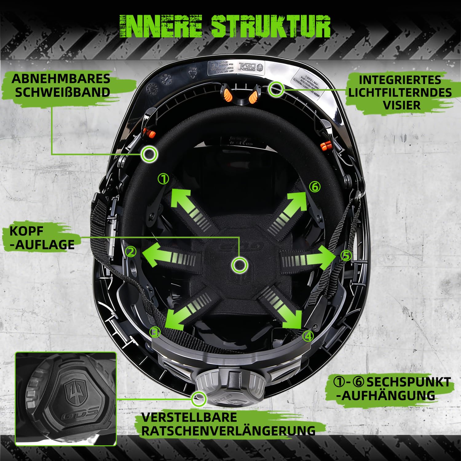 GREEN DEVIL 2910VR EN397 Casco da lavoro, casco di sicurezza per cantieri, ventilazione industriale, regolazione a cricchetto, comodo materiale ABS