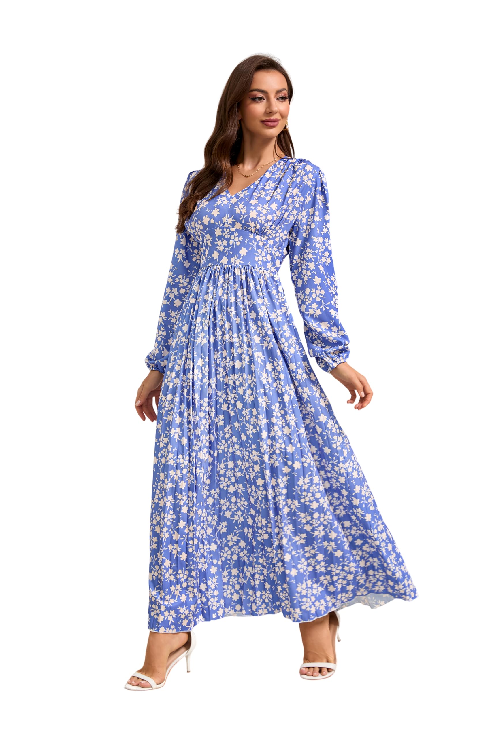DUKAKII Women's 2025 Floral Long Sleeve Dress Casual Boho V-Neck Dress High Waist Pleated A Line Maxi Dresses