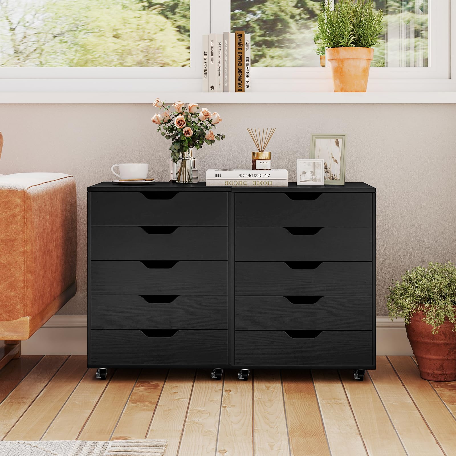 GIANTEX Cassetto da scrivania mobile con 5 cassetti da ufficio, mobile da ufficio, organizer con ruote, supporto per stampante per cartelle, documenti, documenti, carta, 48 x 39,5 x 69,5 cm (Nero)