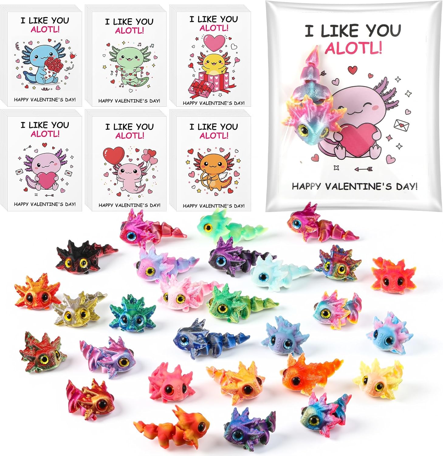 Honoson 28 Set Mini 3D Printed Axolotl Valentines Gifts Fidget Supplies 3D Printed Animal Figurines with Card Flexible Articulated Fidget Supplies for Valentine's Day Exchange Gifts(Colorful)