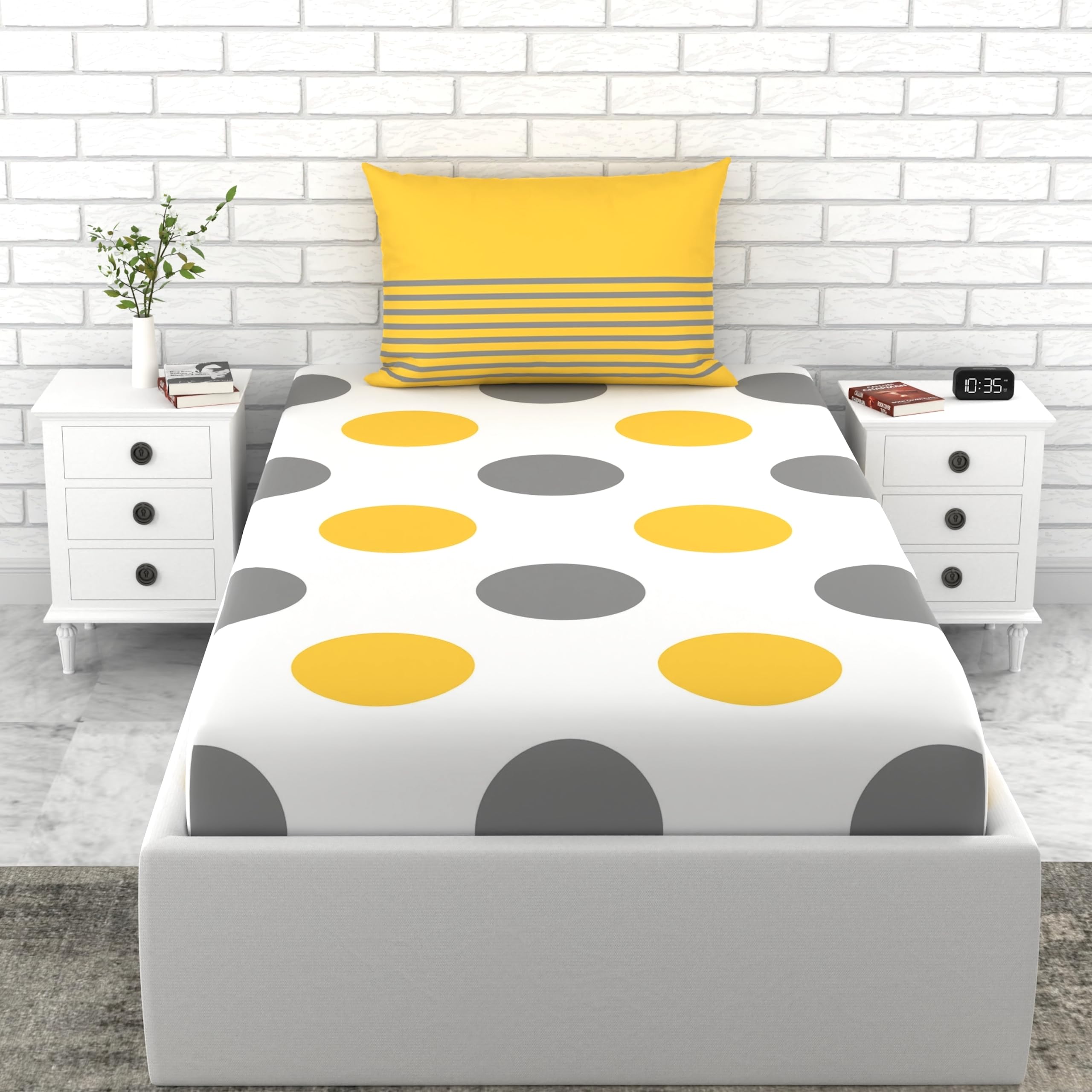 LORETO - A QUALITY LINEN BRAND 100% Cotton Bedsheet for Single Bed, 1 Single Bedsheet with 1 Pillow Cover | 144 TC Single Bedsheet Cotton, Yellow and Grey Polka Dots