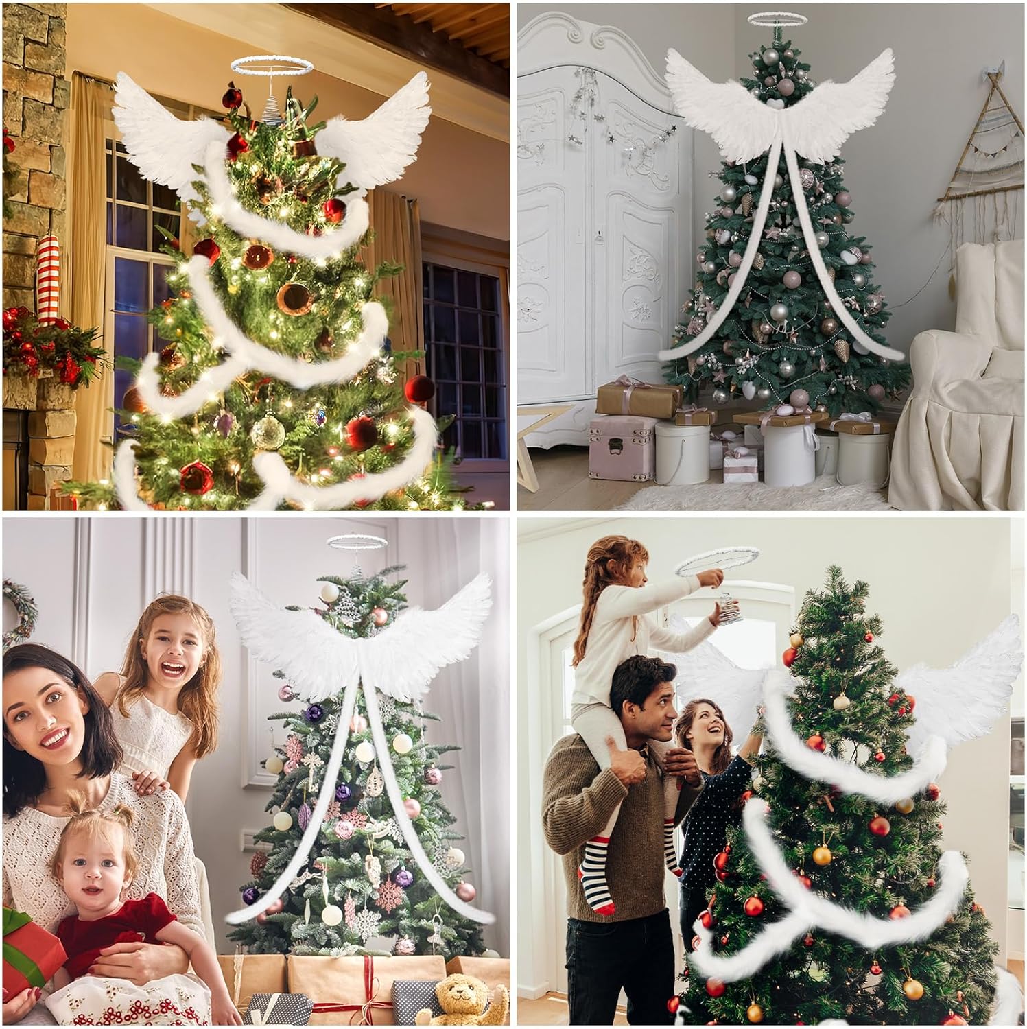 Gejoy Angel Christmas Tree Decor Set Christmas Tree Topper Kit 1 Angel Christmas Tree Tops 1 White Feather Wing 2 Fur Strips Xmas Tree Decorations for Home Indoor Outdoor Holiday Party Decor