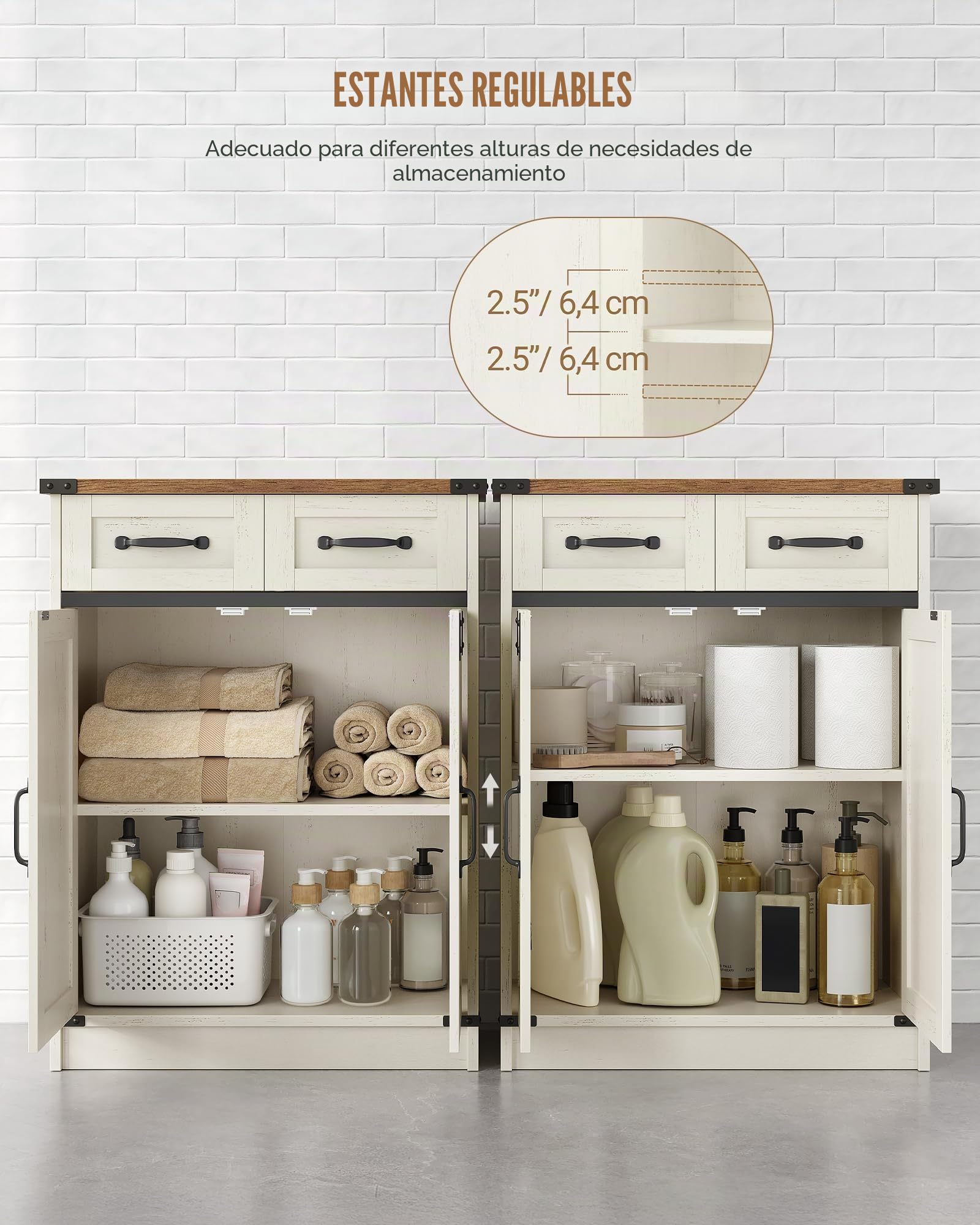 Hzuaneri Mueble Baño, Auxiliar Armario Baño con 2 Cajones, 2 Puerto, Estante Ajustable, para Sala de Estar, Cocina, Entrada, Blanco Rústico y Marrón Miel SC62414X