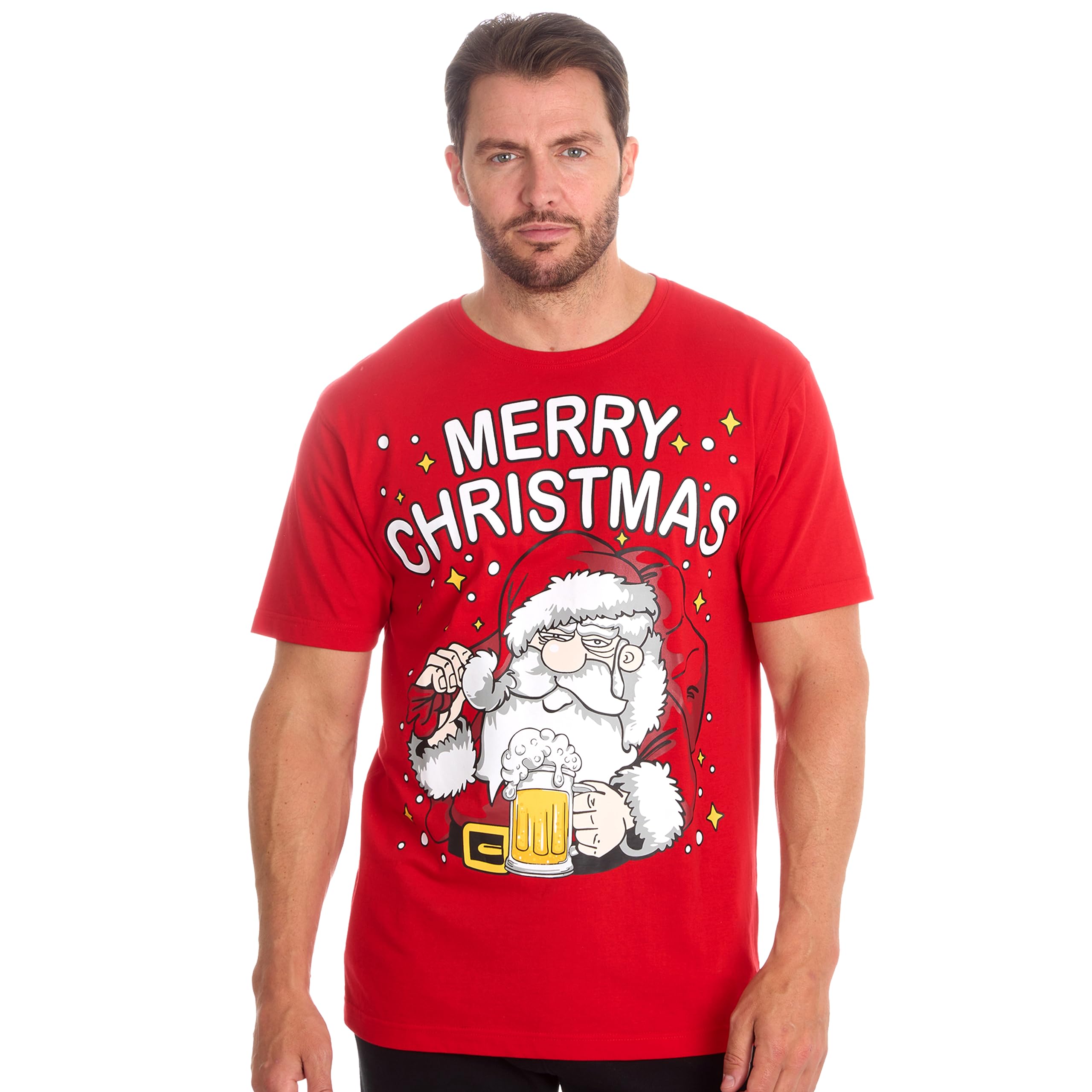 Metzuyan Men's Hangover Santa Ws-Aw23 Christmas Funny Xmas Themed T-Shirts Funky Festive Print Red M
