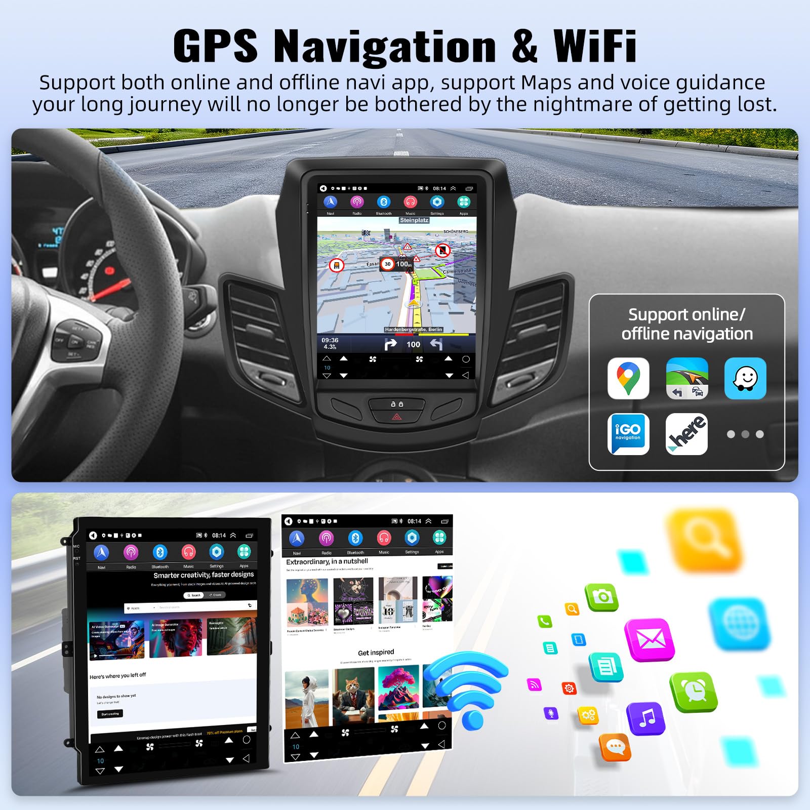 OiLiehu 2+64G Android 13 Autoradio Pour Ford Fiesta MK7 2009-2016 Sans Fil, 9,7" IPS Écran Tactile Vertical Poste Radio Avec GPS Navi WiFi Lien Miroir Bluetooth FM/RDS EQ SWC Caméra Arrière