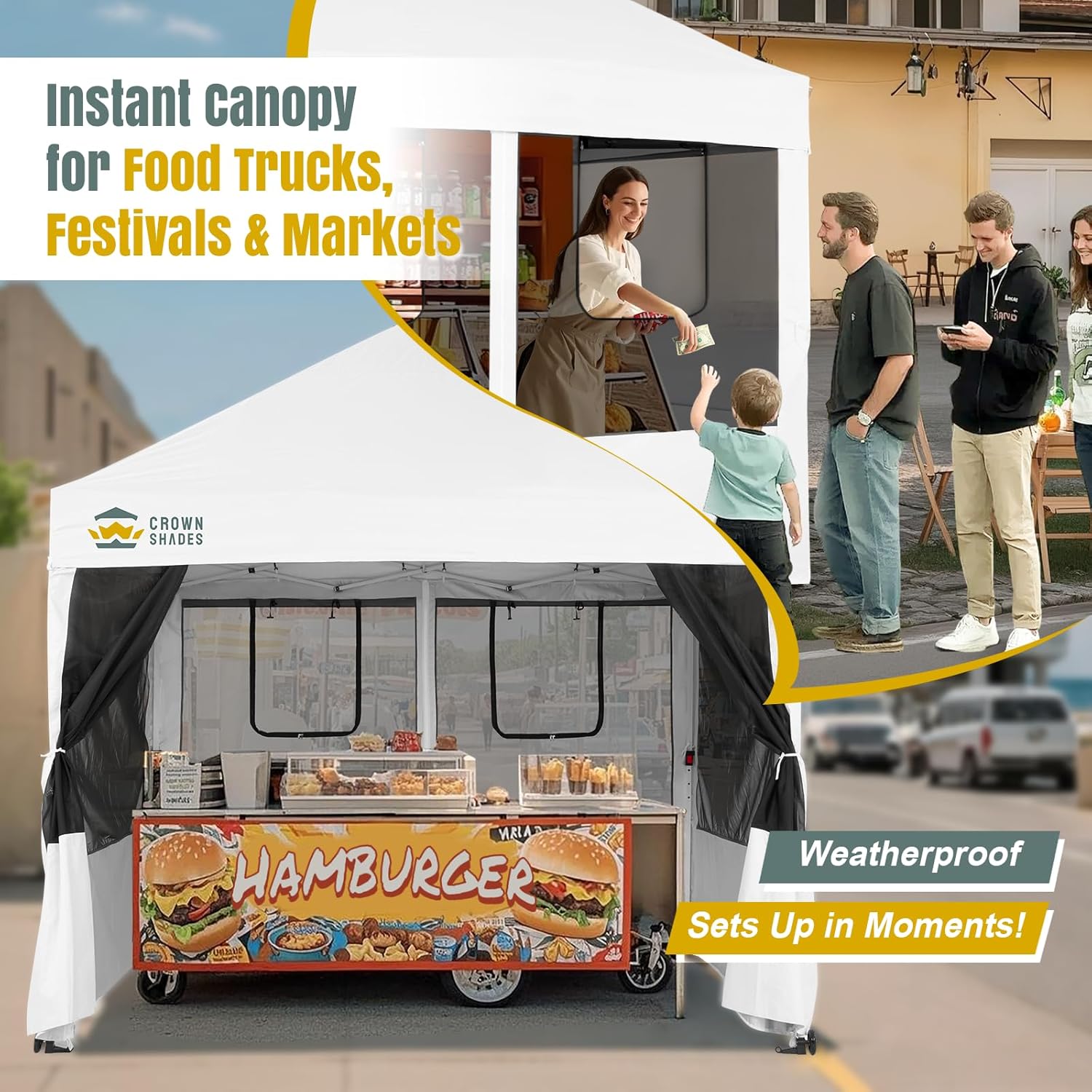 CROWN SHADES 10x10 Pop Up Canopy Tent with 4 Mosquito Netting, Instant Commercial Tent with 1-Person Setup Patended Centerlock, 400D Silver Coated Fabric, 4" Wheels, Sto'N Go Bag,