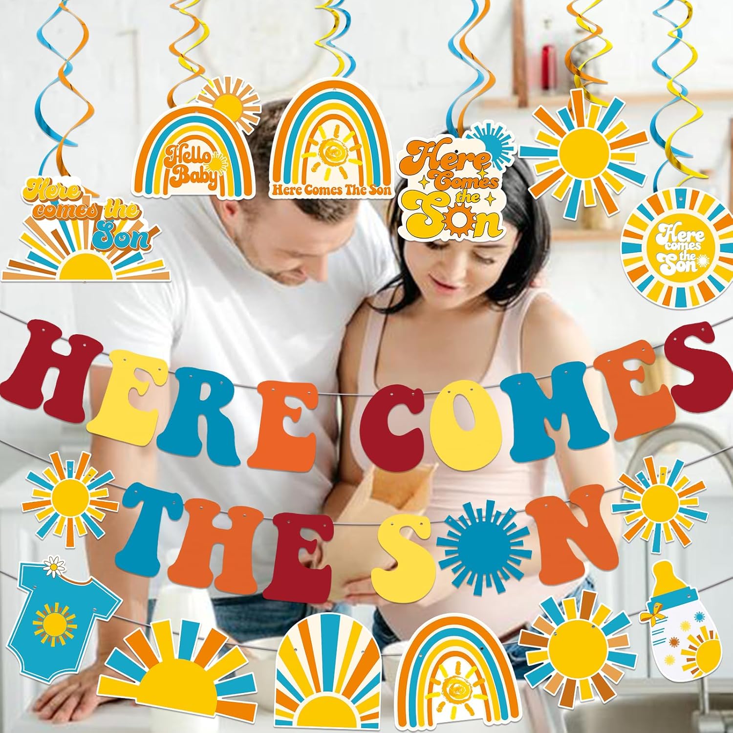 Here Comes The Son Baby Shower Decorations - Sun Banner Garland & Six Hanging Decorations - Red, Orange, Yellow, Green, Blue - Sun-themed Pattern