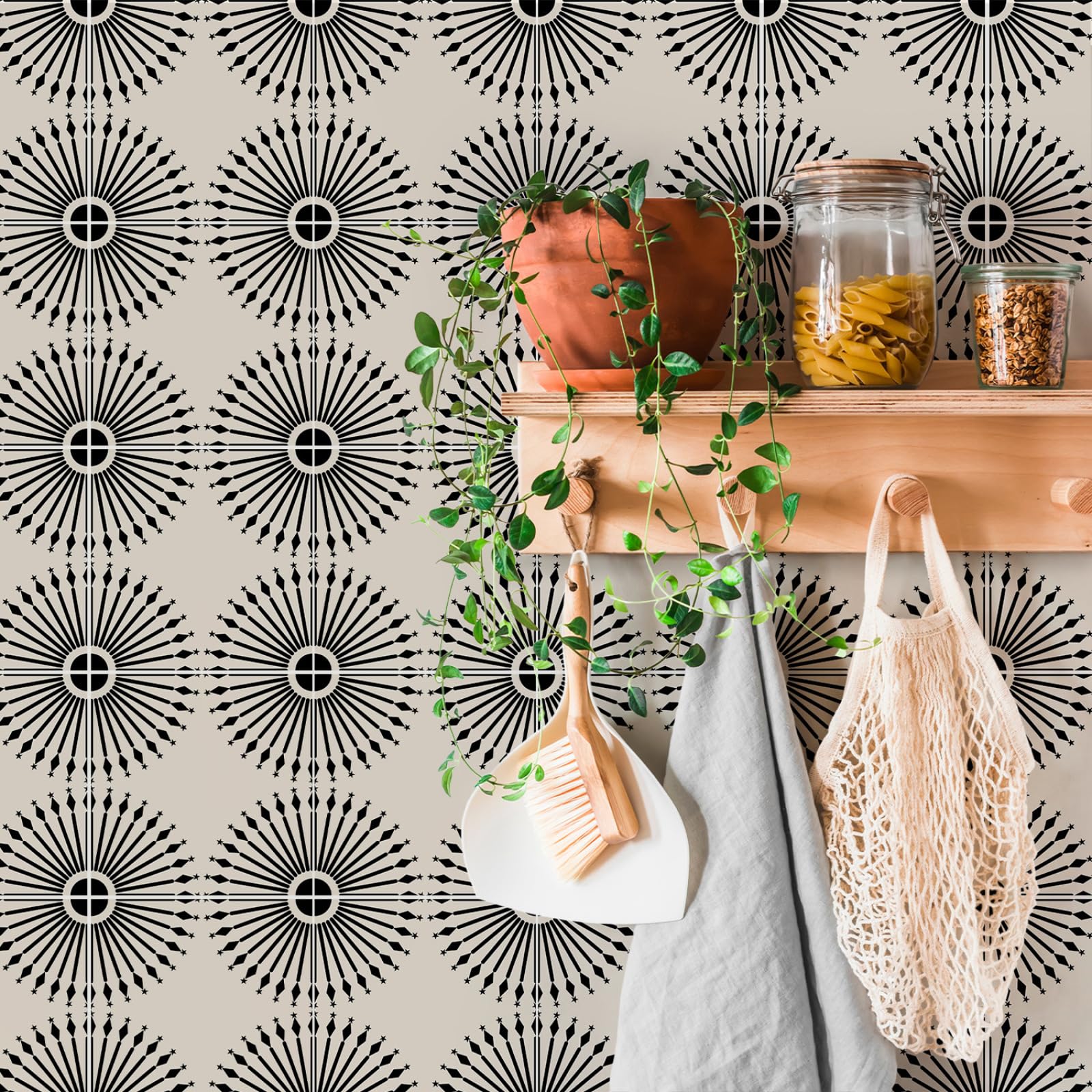 Peel and Stick Wall Tiles Beige Black Mandala Tiles Self Adhesive PVC Home Decor Backsplash Kitchen Tile Stickers Waterproof Tile Stickers for Bathroom 15x15cm /20 Pcs