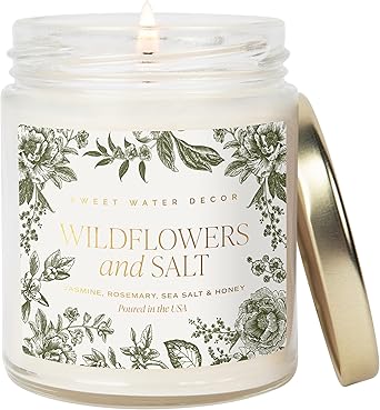 Sweet Water Decor Wildflowers and Salt Patterned Candle Soy Candles with Rosemary, Lily, Honey, Violet, Amber, Musk Aroma 40 Hour Burn 9oz Clear Glass Jar Ideal for Valentines Presents