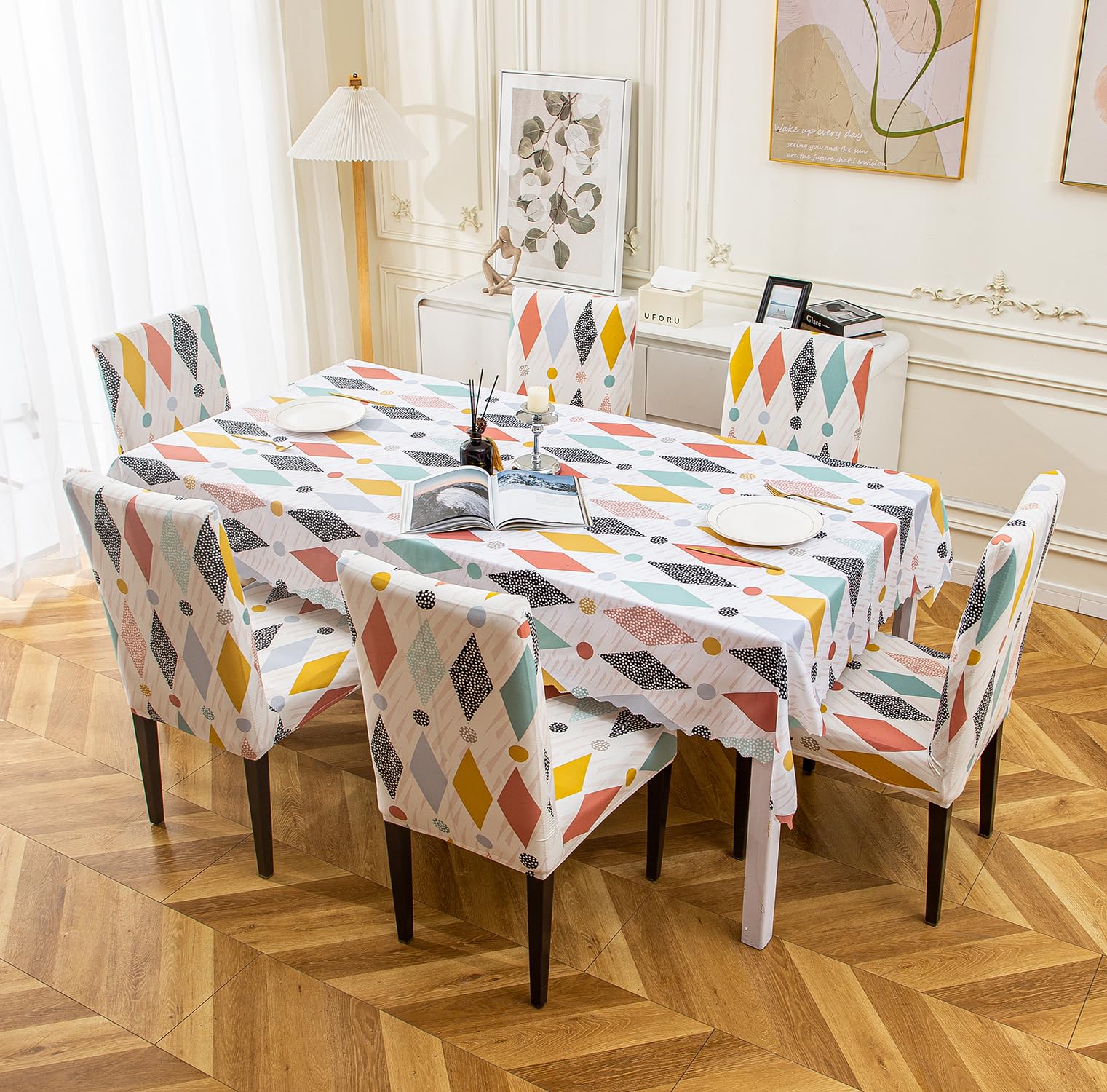 House of Quirk Dining Table Cover Waterproof for Kitchen Dining, Polyester Table Cloth Dust and Oil Repellent, Kitchen Décor (140x180cm, White Rainbow, 1 Table Cover + 4 Chair Cover), rectangular