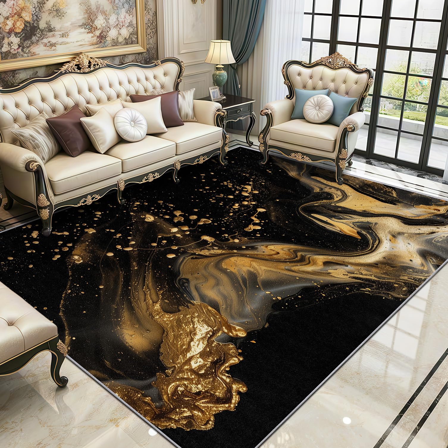 Marmor Teppich 200x200 cm, Abstrakt Luxus Kunst Waschbarer Teppiche Wohnzimmer, Schwarz Gold rutschfest Antirutsch Groß Teppiche Für Esszimmer, Quadratisch, Schwarz Gold
