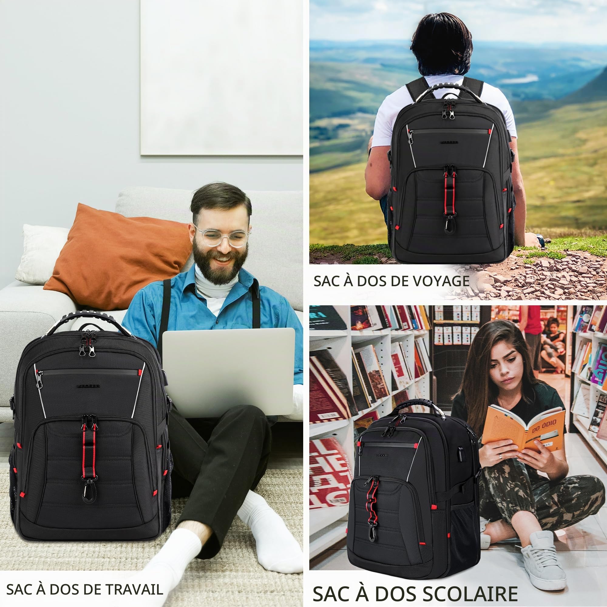 KROSER Grand Sac à dos Homme, 18,4" XXXL, Sac à Dos Ordinateur Portable, avec Poches RFID Port et Imperméable Portable pour/Voyage/Université/Affaires/Collège/Hommes/Femmes Laptop Backpack