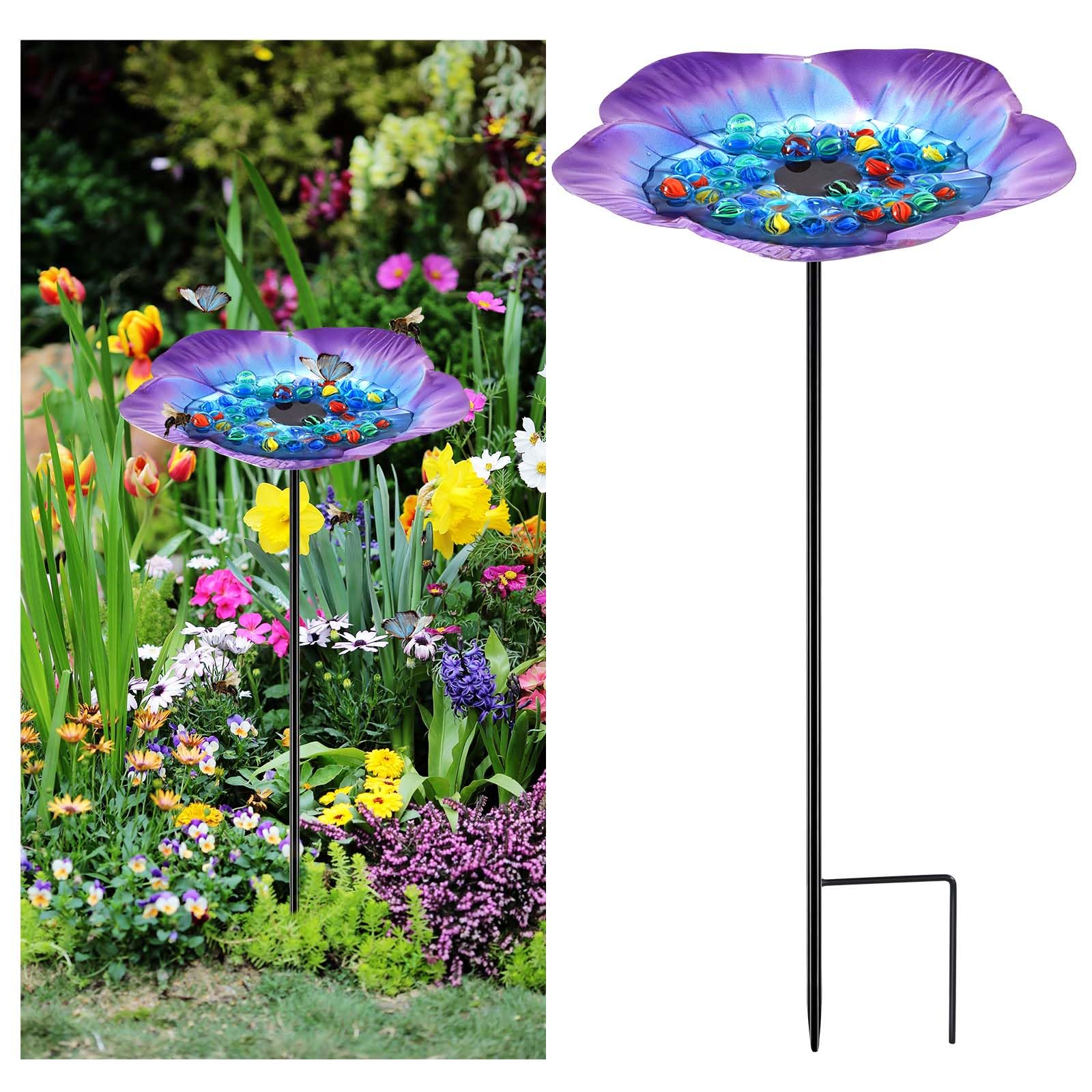 Bee Bath Watering Station - 25" Metal Flower Feeder, Rose Red, For Bees, Butterflies & Birds