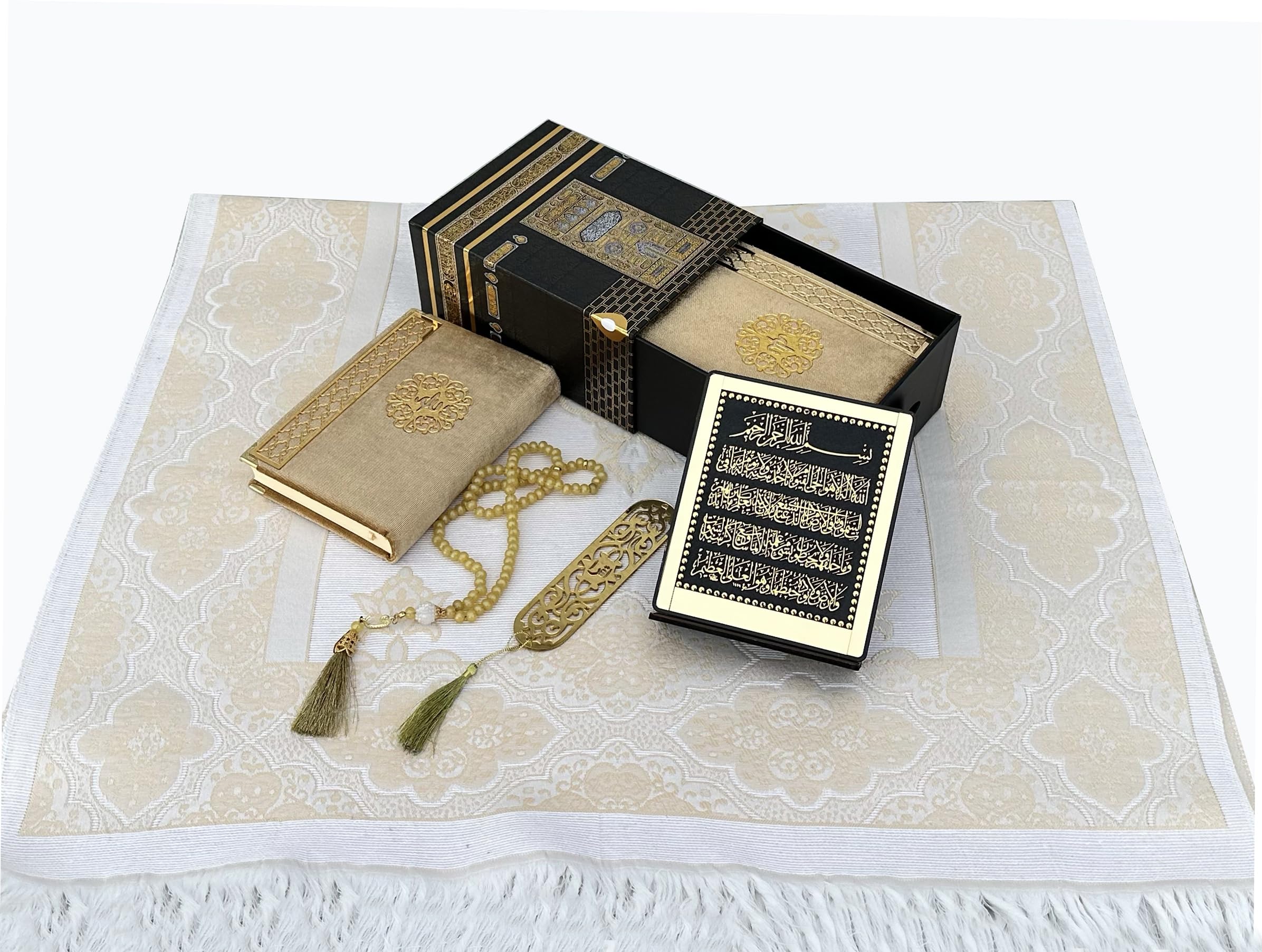 RAMSE Muslim Prayer Rug, Islamic Gift Set, Velvet Full Moshaf, Elegant Kaaba Design Box, Ayat El Kursi Table Top, Prayer Beads, Bookmark, Janamaz, Salah Mat (CREAM)