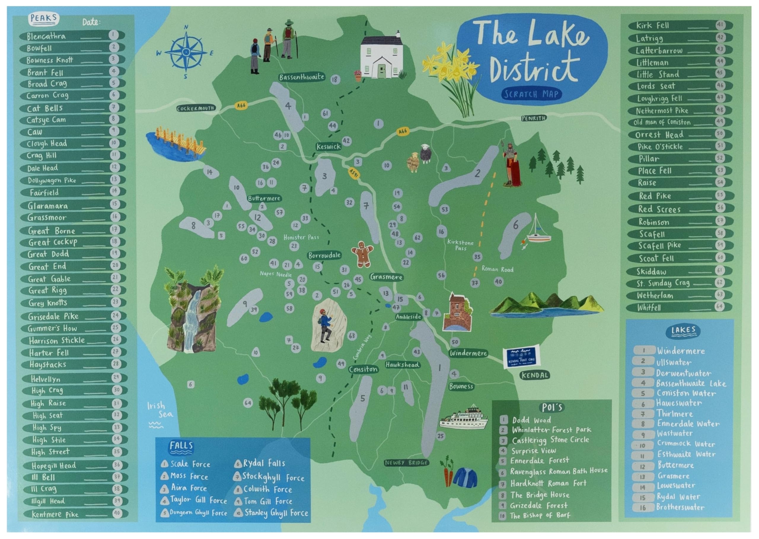 Lake District Map Scratch Off Poster – Wainwrights, Waterfalls and Lakes Adventure Map – 100 Places to Explore – Gift for Walkers & Hikers – A2 Wall Art Travel Map