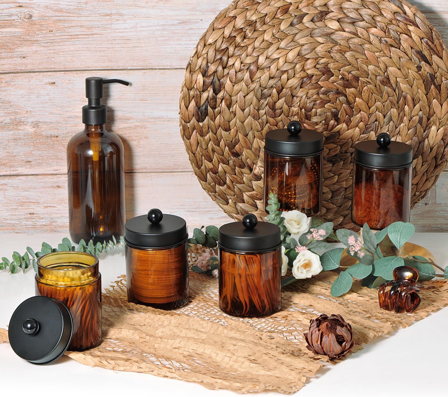 Amolliar Amber Glass Qtip Holder, Apothecary Jars with Matte Black Metal Lid & Stickers-Bathroom Qtip Dispenser Storage Organizer Set,Vanity Counter Canister for Cotton Swabs,Round Pads,Floss (2 Pack) - Image 7