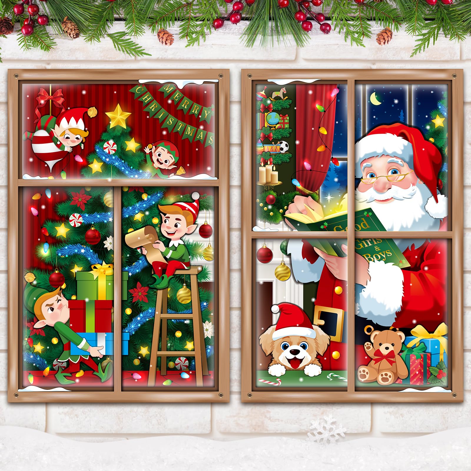 Amazon.com: Preboun 2 Pcs Christmas Curtain Window Decoration Xmas Window  Silhouette Snowflake Cover Christmas Poster for Indoor Outdoor Holiday  Party Wall Garage Door Decor(Santa Claus and Elf Tree) : Patio, Lawn &