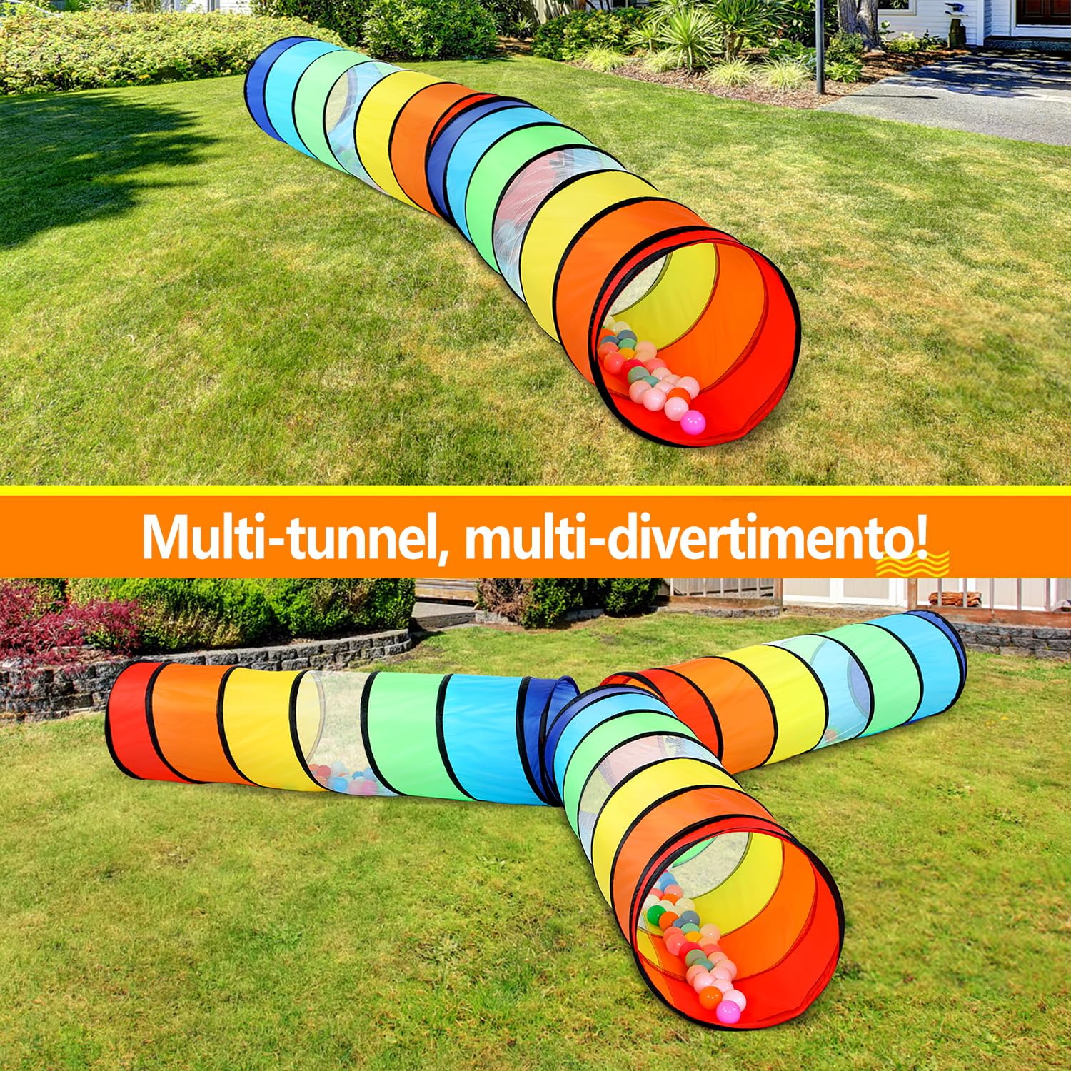 Wilwolfer Tunnel Gioco per Bambini - Alta Qualità 180cm Tenda Bambini con Mesh - Pieghevole Pop-upTubi Gioco Regalo Giocattolo Interni Esterni Giardino (Arcobaleno)