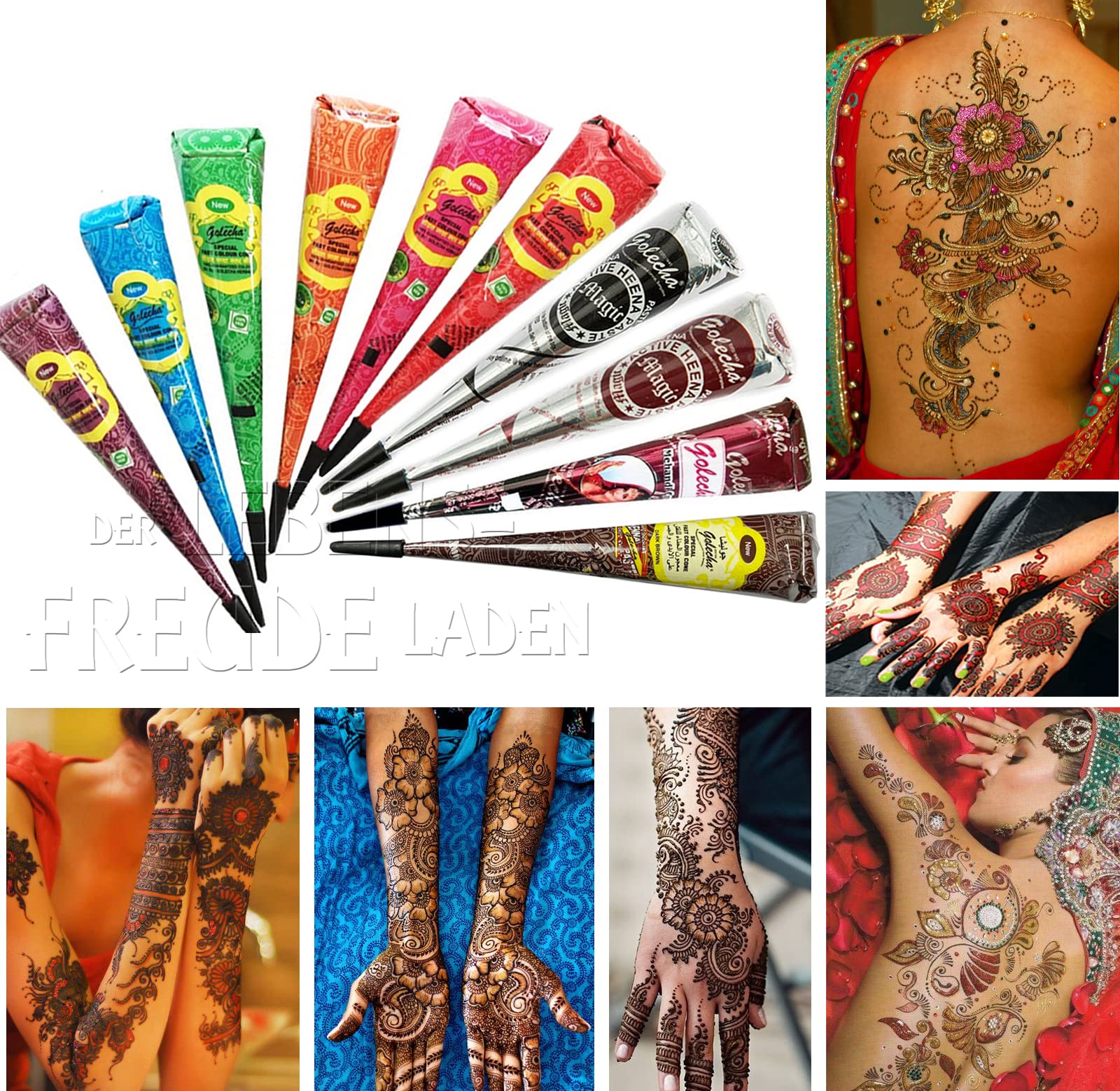 JPR – 10 x Natural Mehndi Cones (wielokolorowe), bez mieszanki, halal Veg, przetestowane klinicznie i certyfikowane – do tymczasowego designu tatuażu Bodyart (duże stożki) 250 g + kartka pocztowa SRK