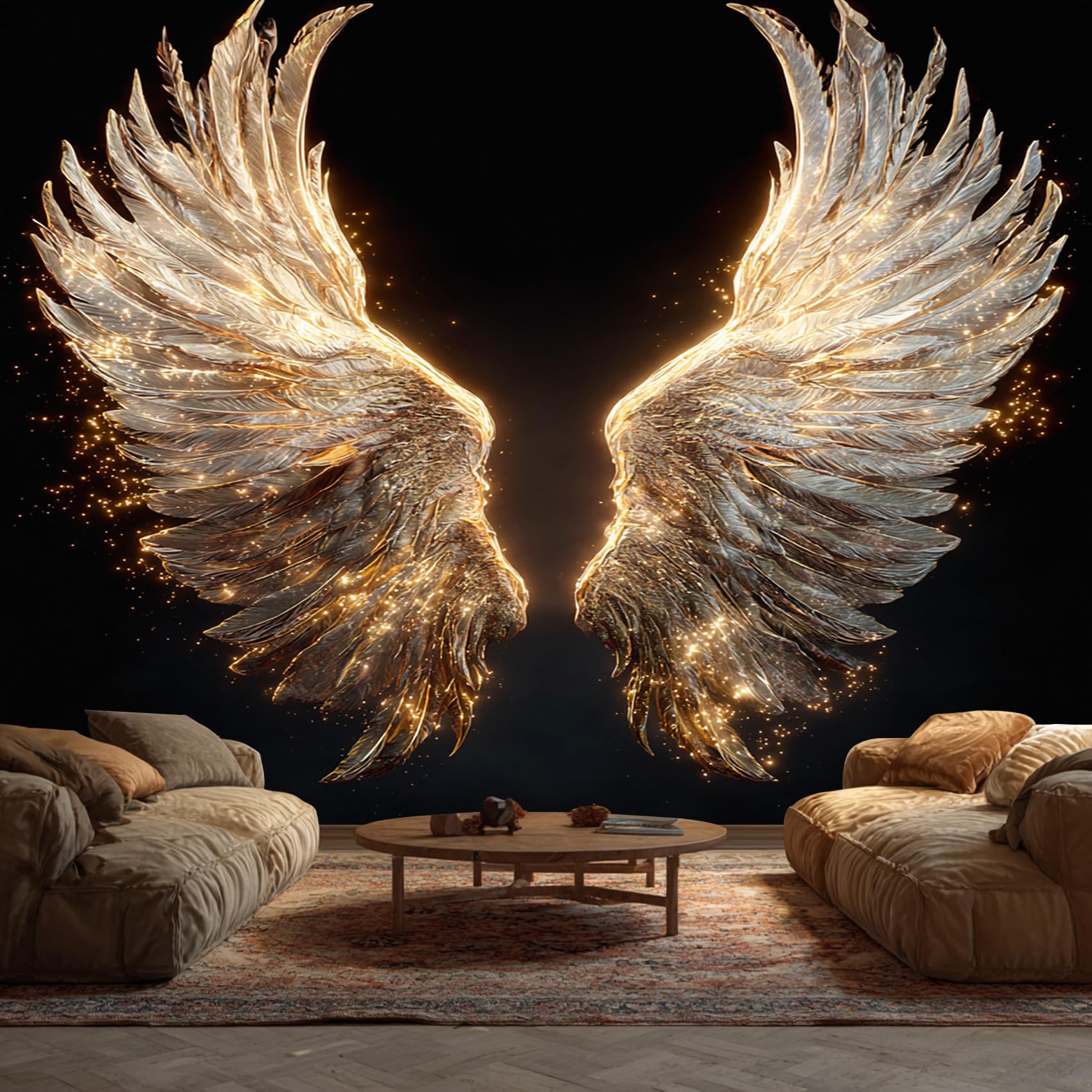 Angel Wings Wallpaper - Gold White Wall Mural - Wall Murals for Living Room Bedroom - Photo Wallpaper & Home Decor Art - 400 x 280 cm A-7582
