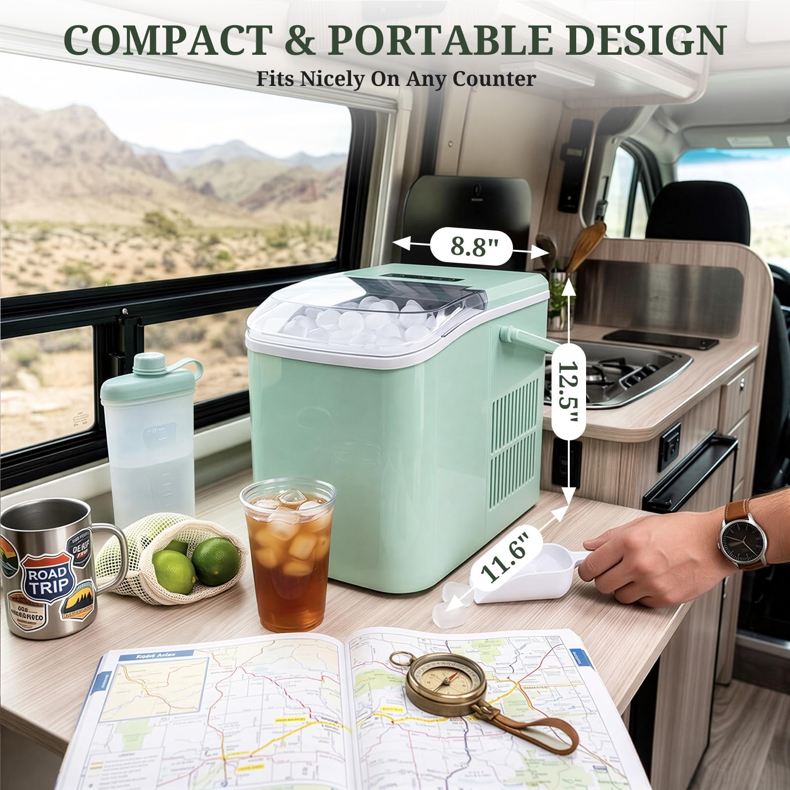 Ice Maker, Portable Ice Makers Countertop With Handle, Basket & Scoop, 26lbs/24hrs, 9 Bullet Ice Cubes In 6 Mins, 2 Ice Sizes, Self-Cleaning, Quiet Compact Ice Machine For Home Kitchen Party, Green on Fridge.com - View 4