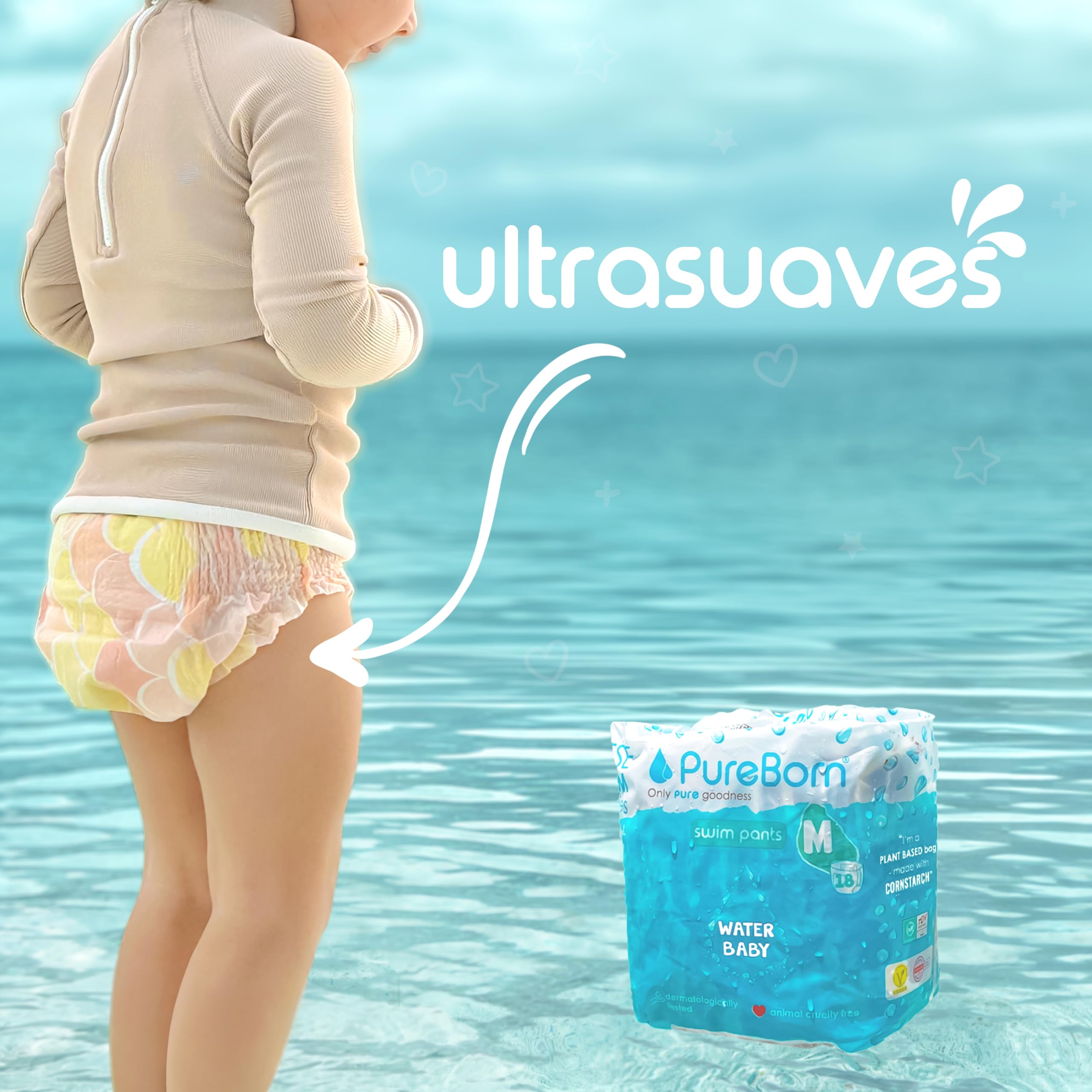 PureBorn Pañal Bañador Desechable, Swim Pants, Talla L (9-14 kg), 18 unidades, Diseñados para la Playa y la Piscina, Ultra-Suaves, Elásticos, Sin Fugas, Estampados de Verano