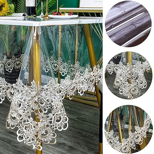 Miniatura 2 de Mantel rectangular de plástico transparente, impermeable, de vinilo, PVC, bordado, borde de encaje, transparente, para cocina, uso en exteriores e