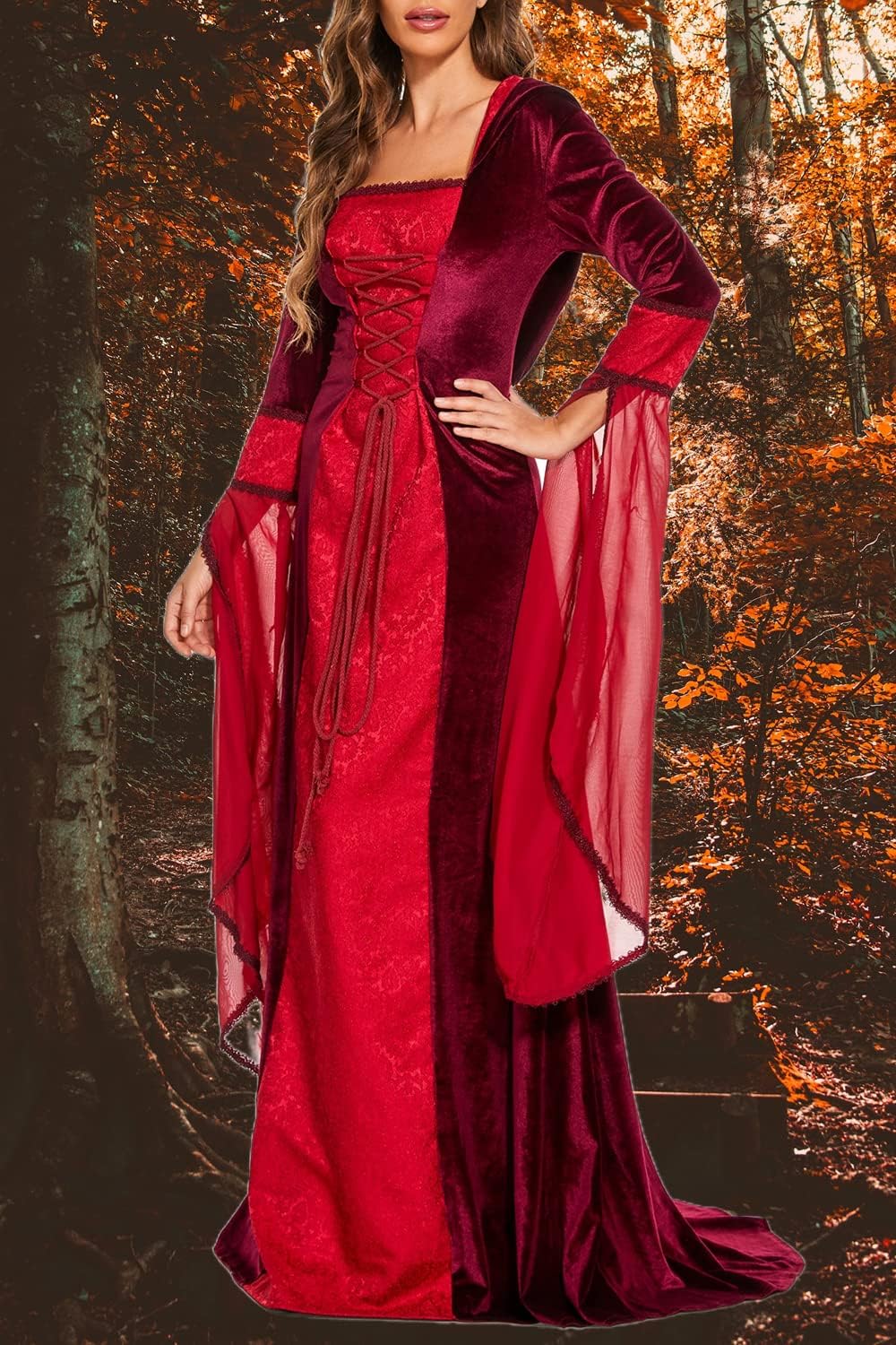 Medieval Victorian Dress for Women,Vintage Witch Halloween Renaissance Costumes Velvet Vampire Hooded Gothic Cosplay Gown - Image 4