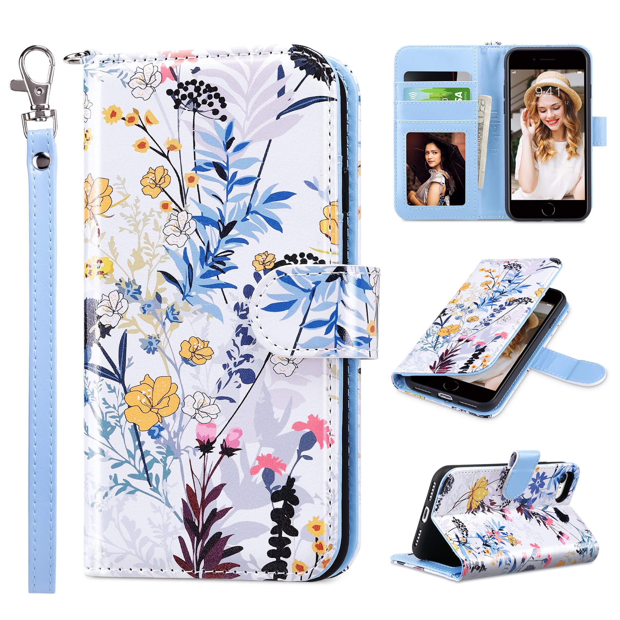 ULAK for iPhone SE 3(2022)/SE(2020)/8/7 Wallet Case with Card Holder, Premium Floral PU Leather Flip Case with Kickstand Card Slots,Wrist Strap,