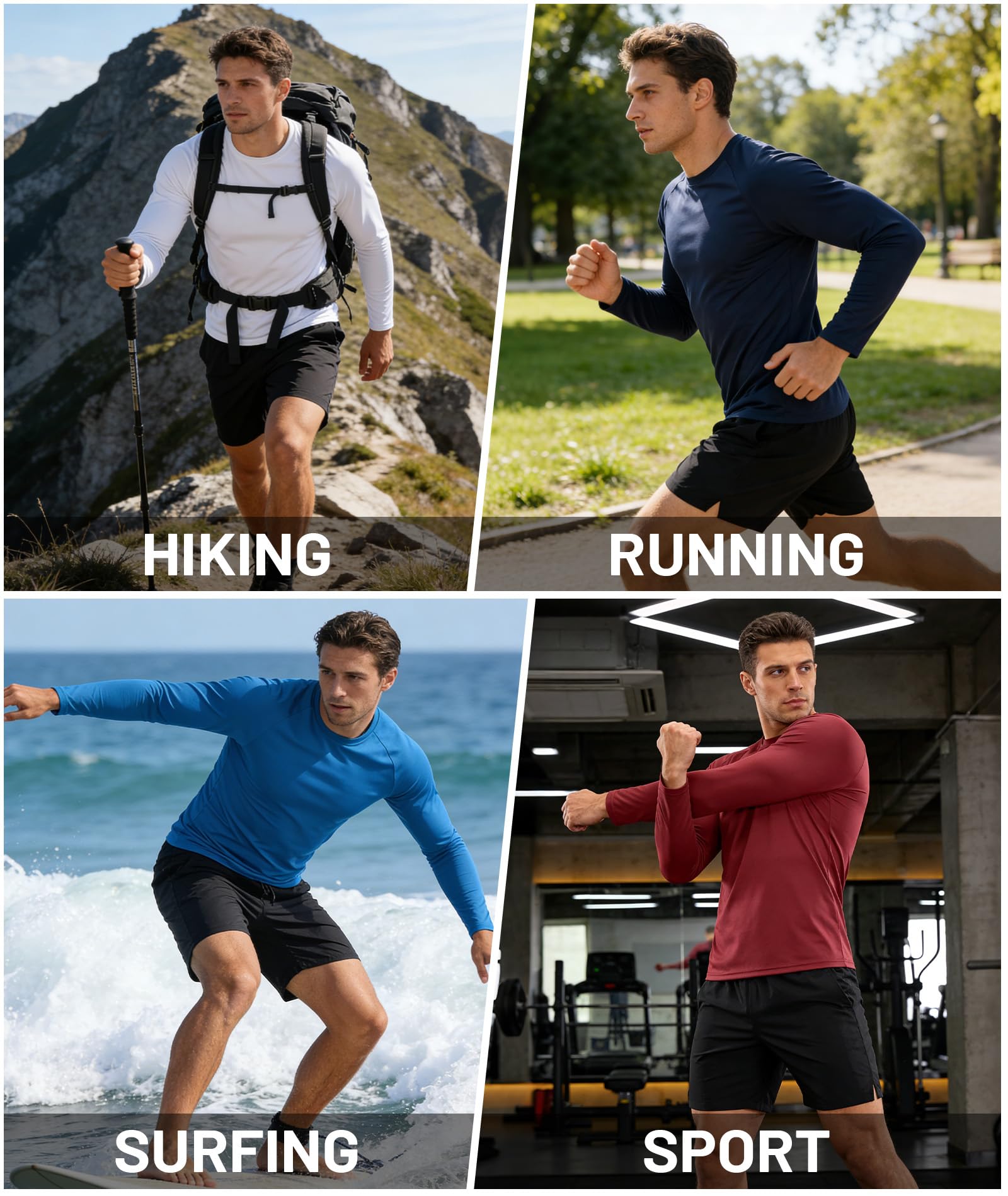 ZITY Lot de 5 t-shirts à manches longues pour homme, protection solaire UPF 50+, anti-humidité, haut de sport pour entraînement et course à pied