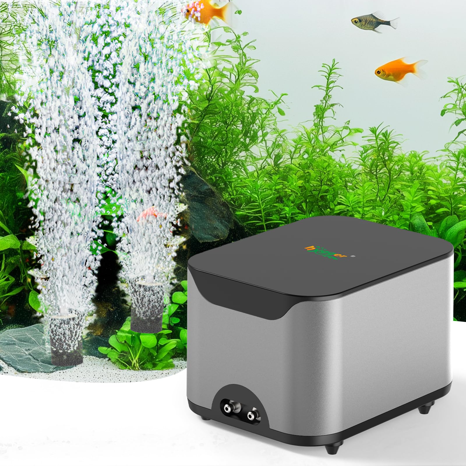 hygger Luftpumpe Aquarium Sauerstoffpumpe Aquarium Leise, ≤30db Ultra-Leise, 2 Luftauslässen, 6W 12L/Min, 10W 18L/Min, Regelbare Sauerstoffpumpe für Aquarien mit Allem Zubehör