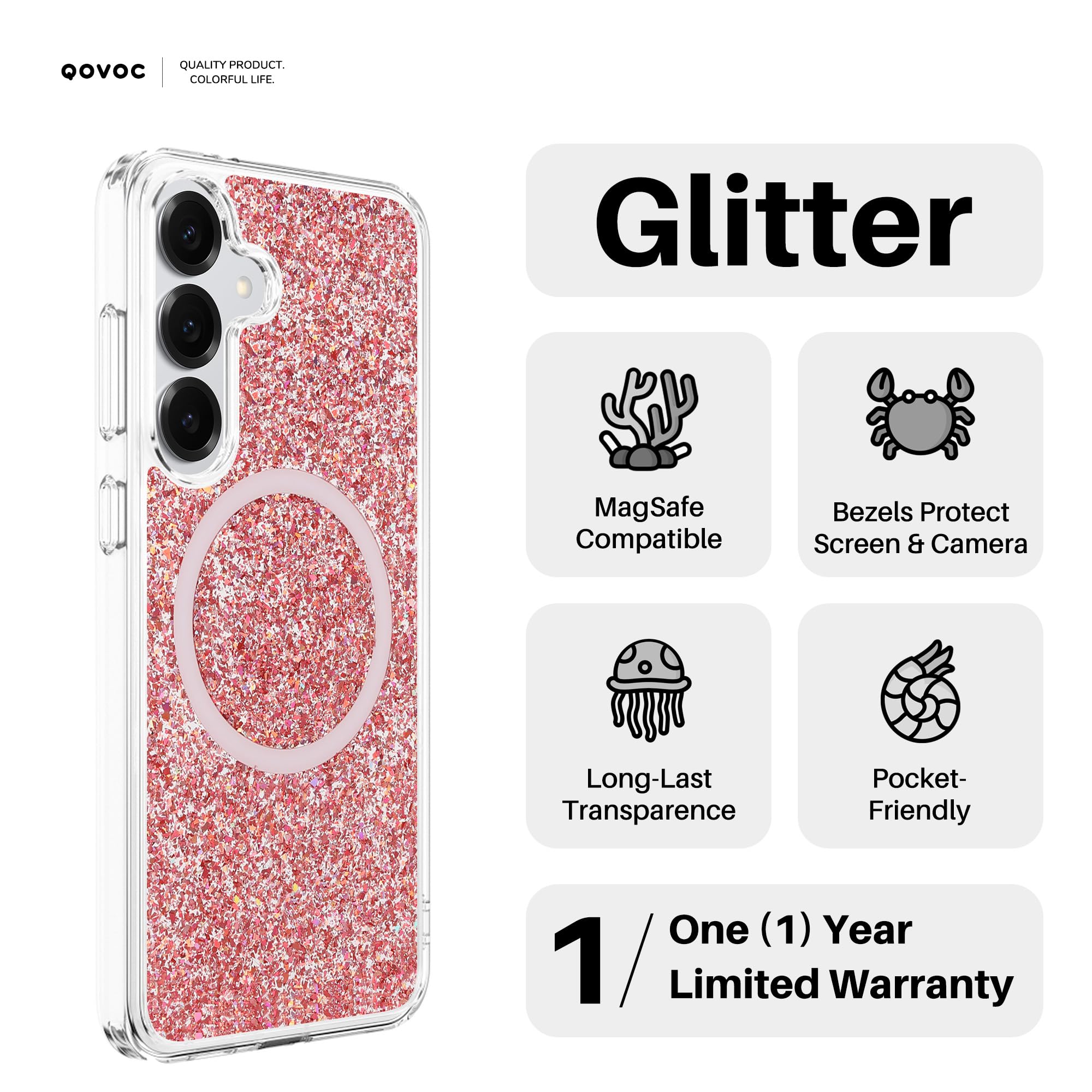 Klar Glitzer für Samsung Galaxy S24 Plus Hülle, kabelloses Laden kompatibel, Magnetische Schutzhülle für Galaxy S24+, Rot Glitzer, Wassermann