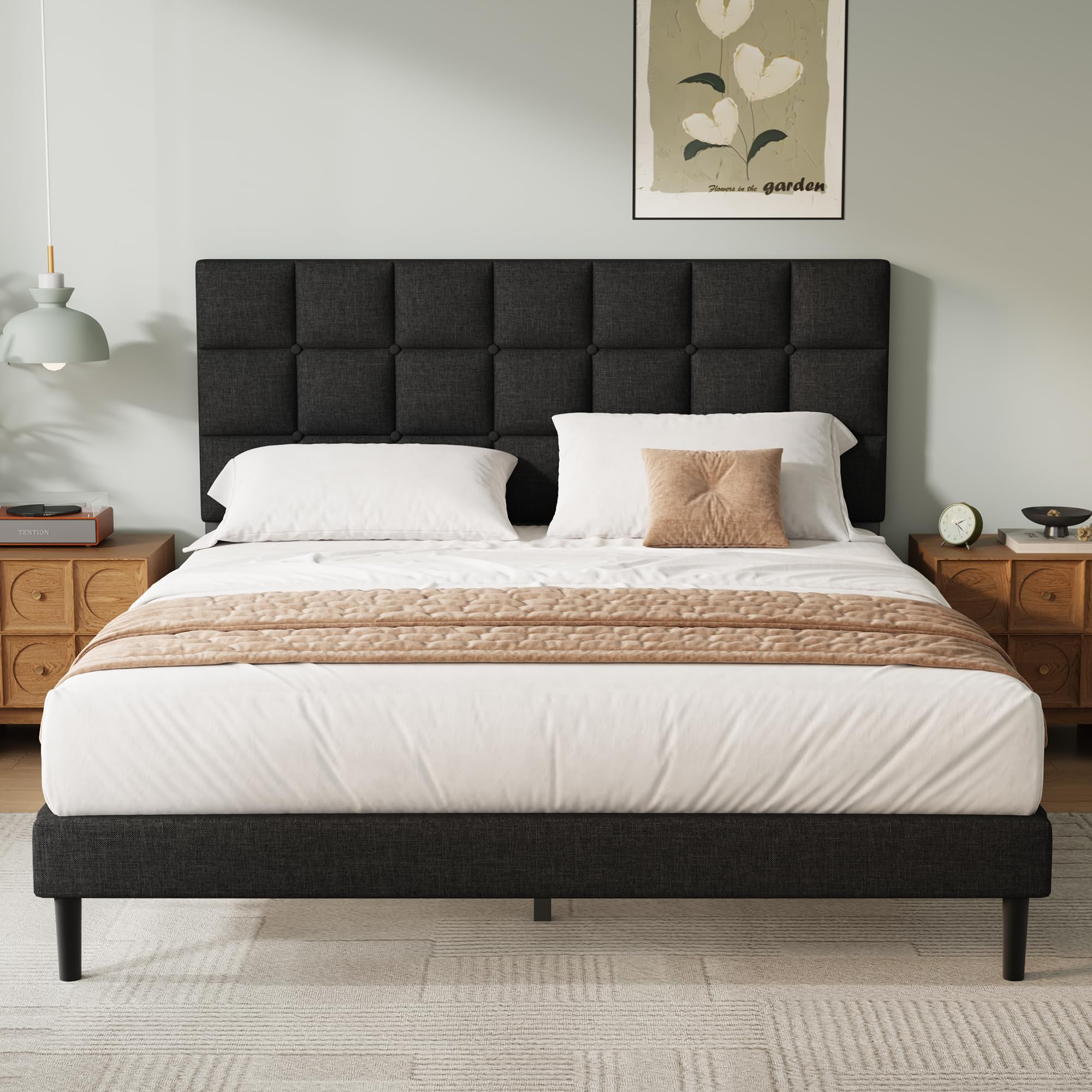Yocreat Double Bed Frame, Easy Assembly, Sturdy Wooden Slat Support, Upholstered Platform with Headboard, No Box Spring Needed, Black Double Bed 135×190