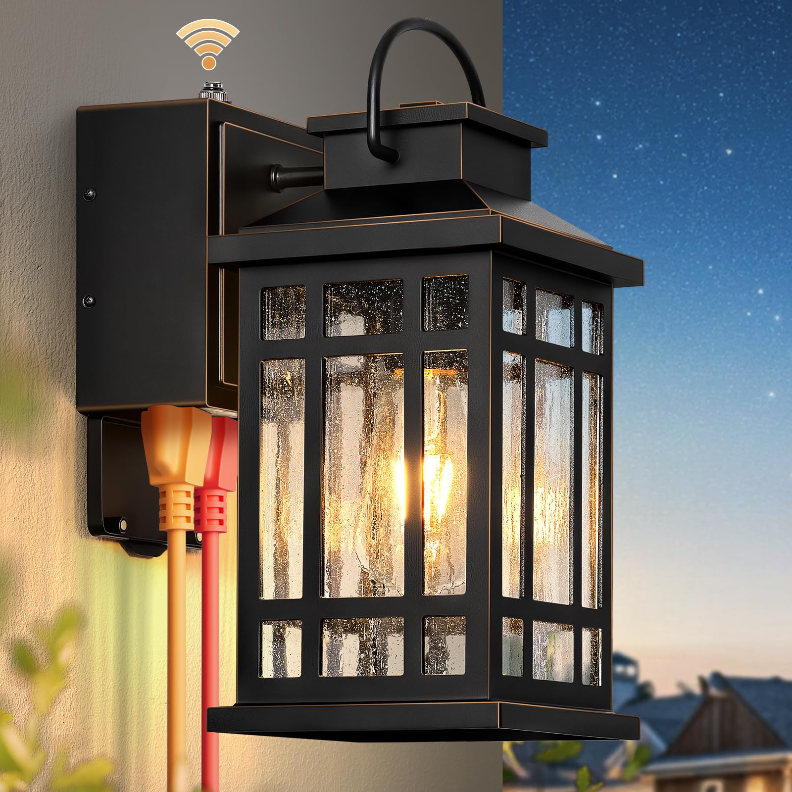 Exterior Lighting Fixtures with GFCI Outlet, Black Easy-to-Install