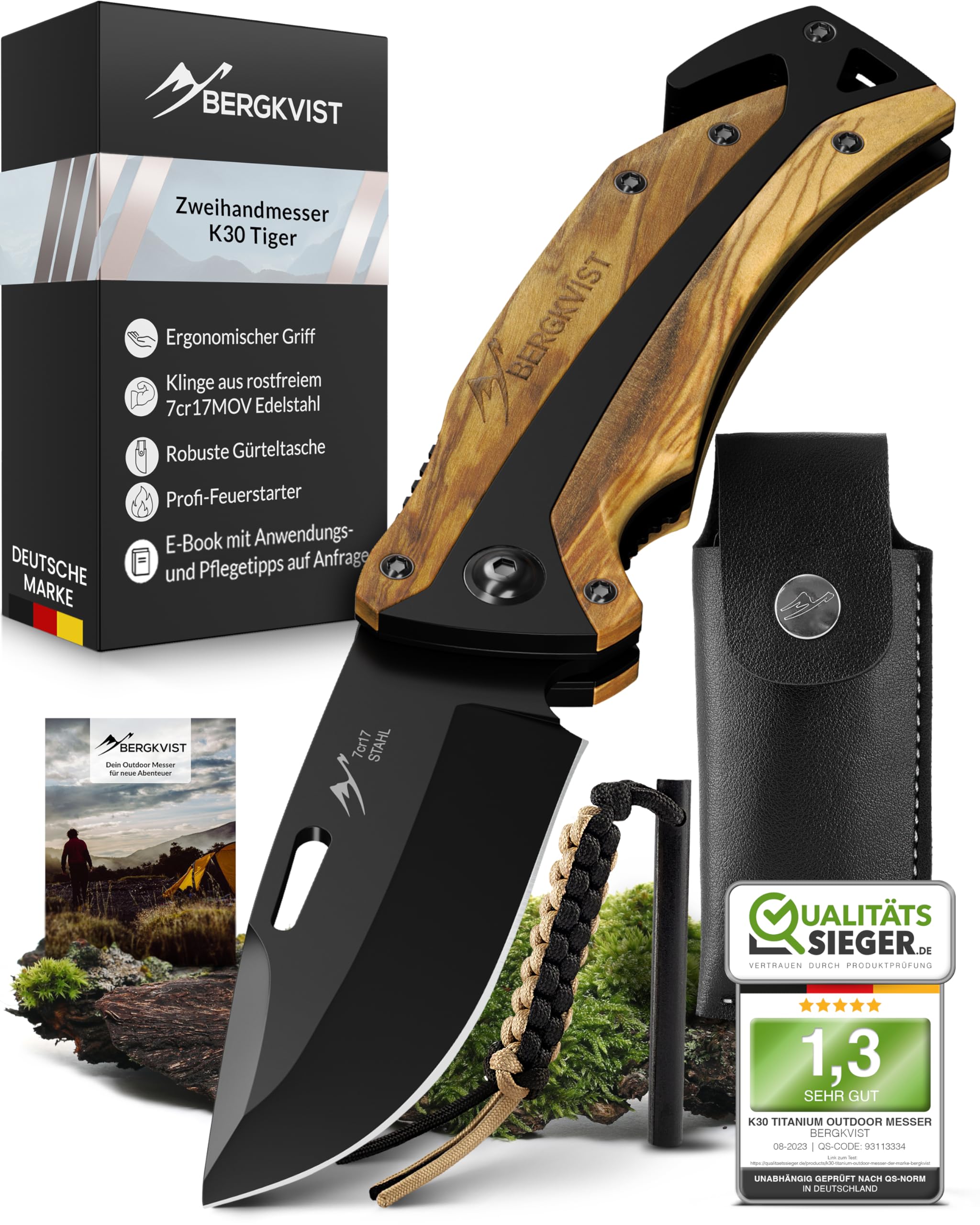 BERGKVIST® K30 Tiger Klappmesser (Zweihandmesser) - Mitführen in Deutschland erlaubt - 3-in-1 Outdoor Taschenmesser mit Glasbrecher & Gurtschneider für Camping & Survival - getigerter Griff