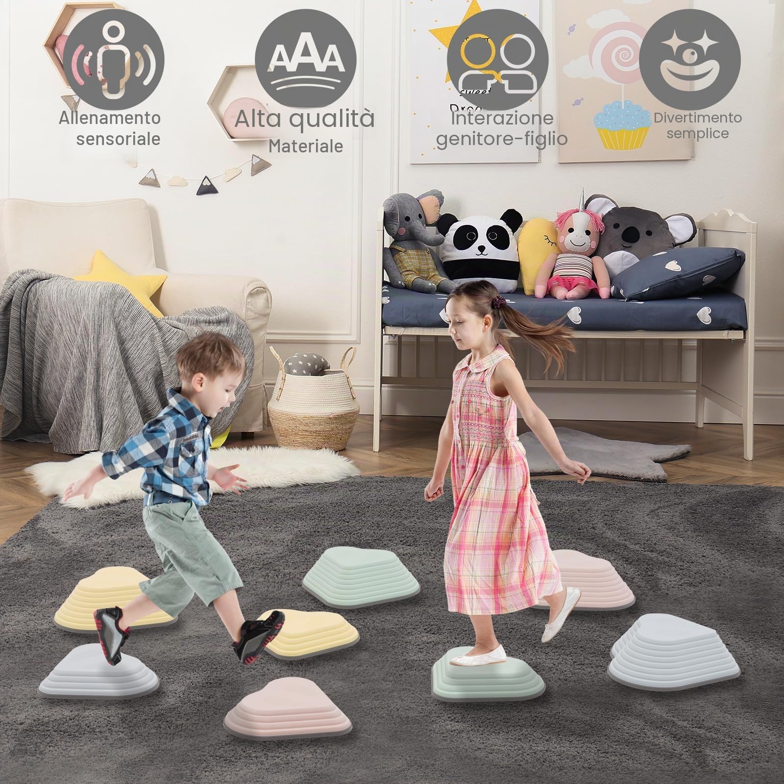 8 Pietre di Equilibrio per Bambini,Percorso Psicomotorio Stepping Stones Antiscivolo,Gioco per Sviluppare Coordinazione ed Equilibrio
