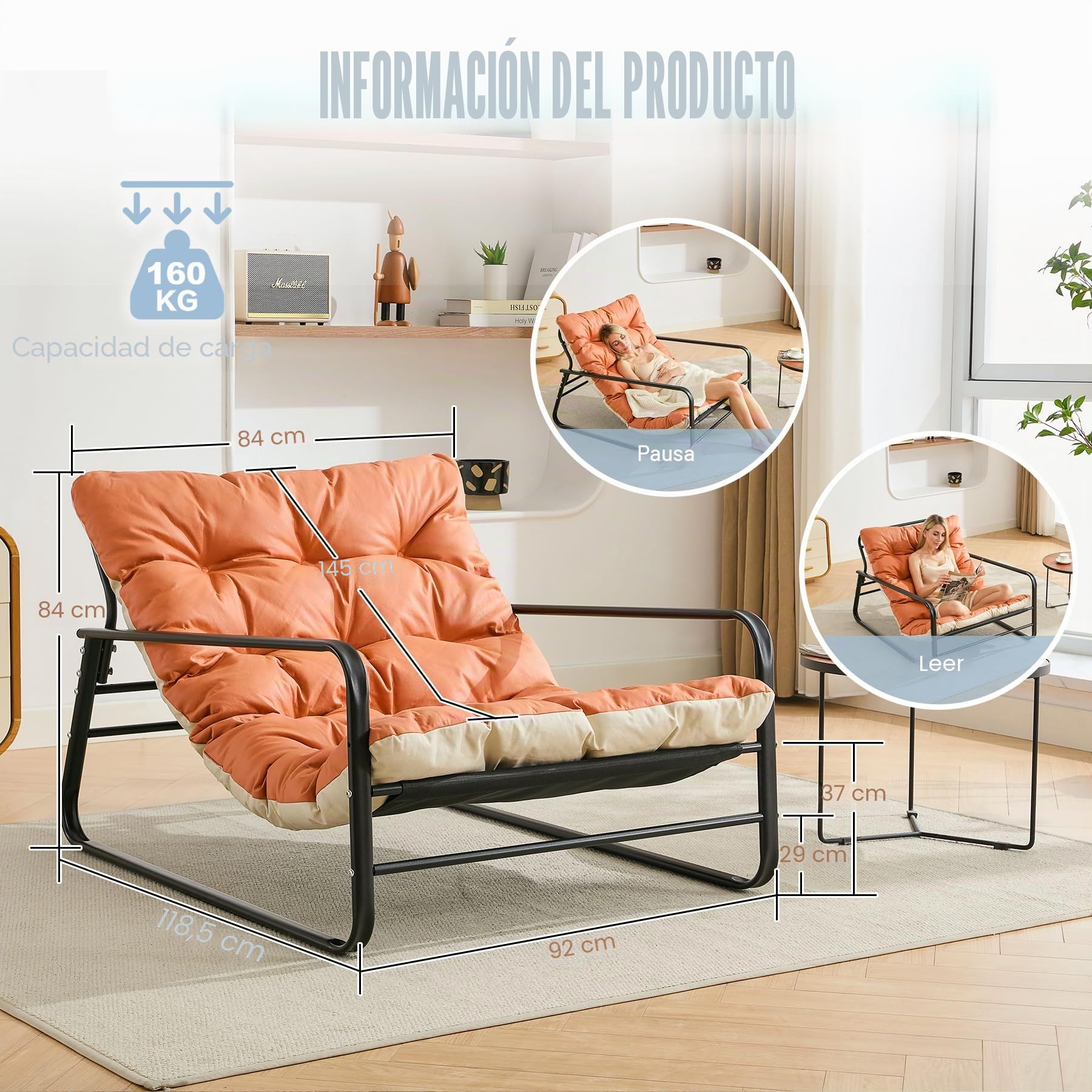 Sillón de salón de jardín con cojín reversible, para jardín, balcón, muebles de acero, acolchado, para 2 personas, para exteriores, para balcón, terraza (naranja+beige)