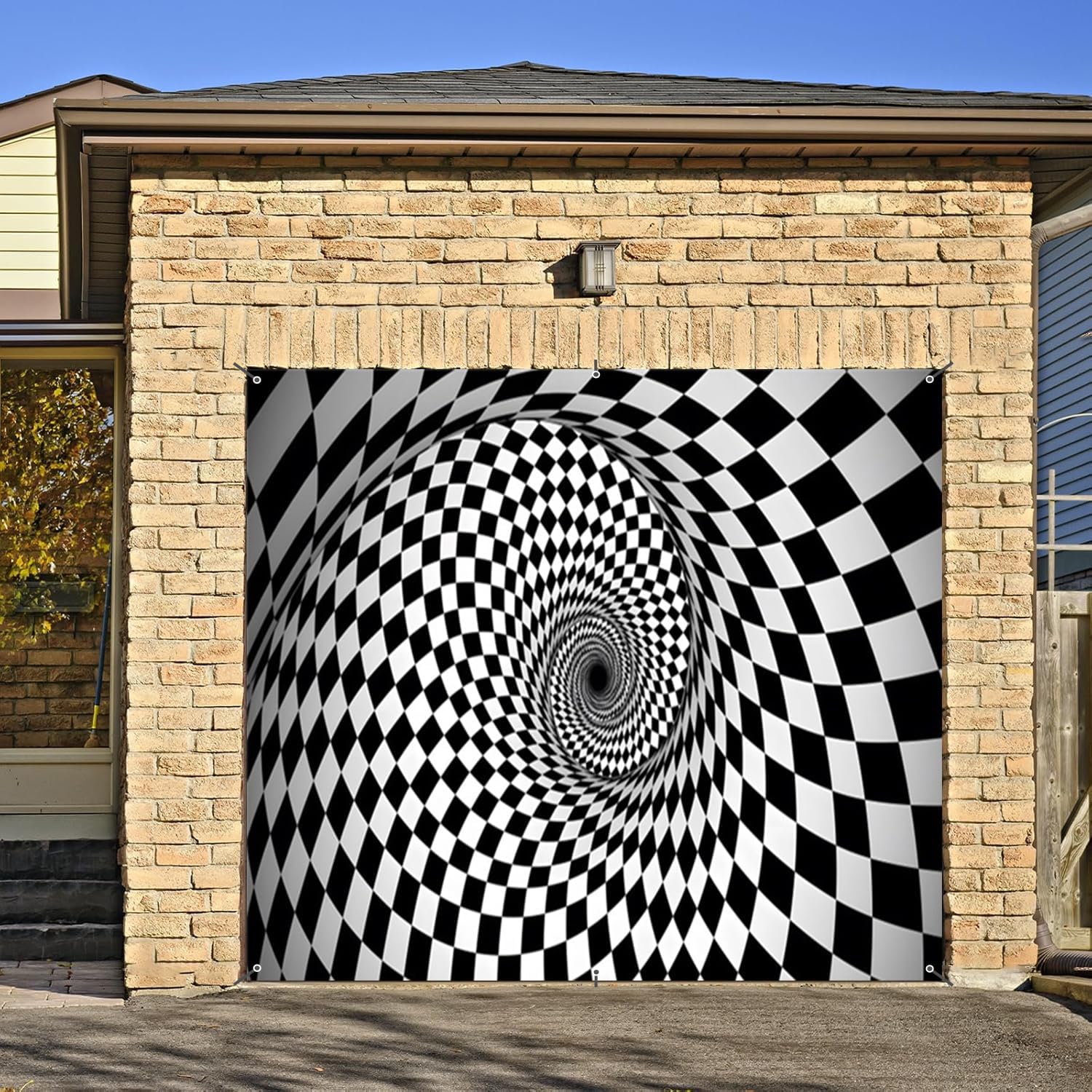 Black and White Vortex Garage Door Cover Banner Decorations Backdrop 6x8ft 3D Abstract Spiral Swirl Tunnel Garage Door Outdoor Endless Tunnel Birthday Party Garage Door Banner Decorations